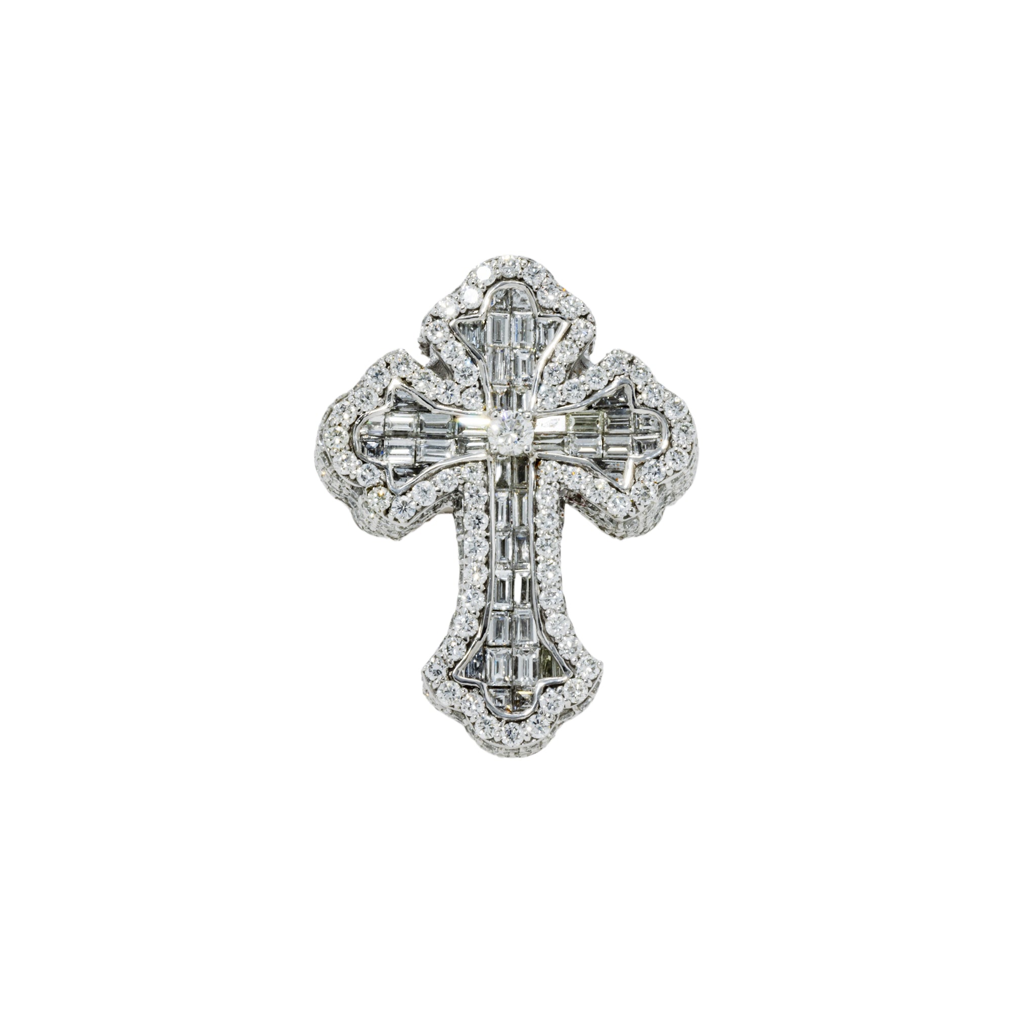 14K GOLD BAGUETTE DIAMOND FLEUR DE LIS CROSS RING 4.40 CT
