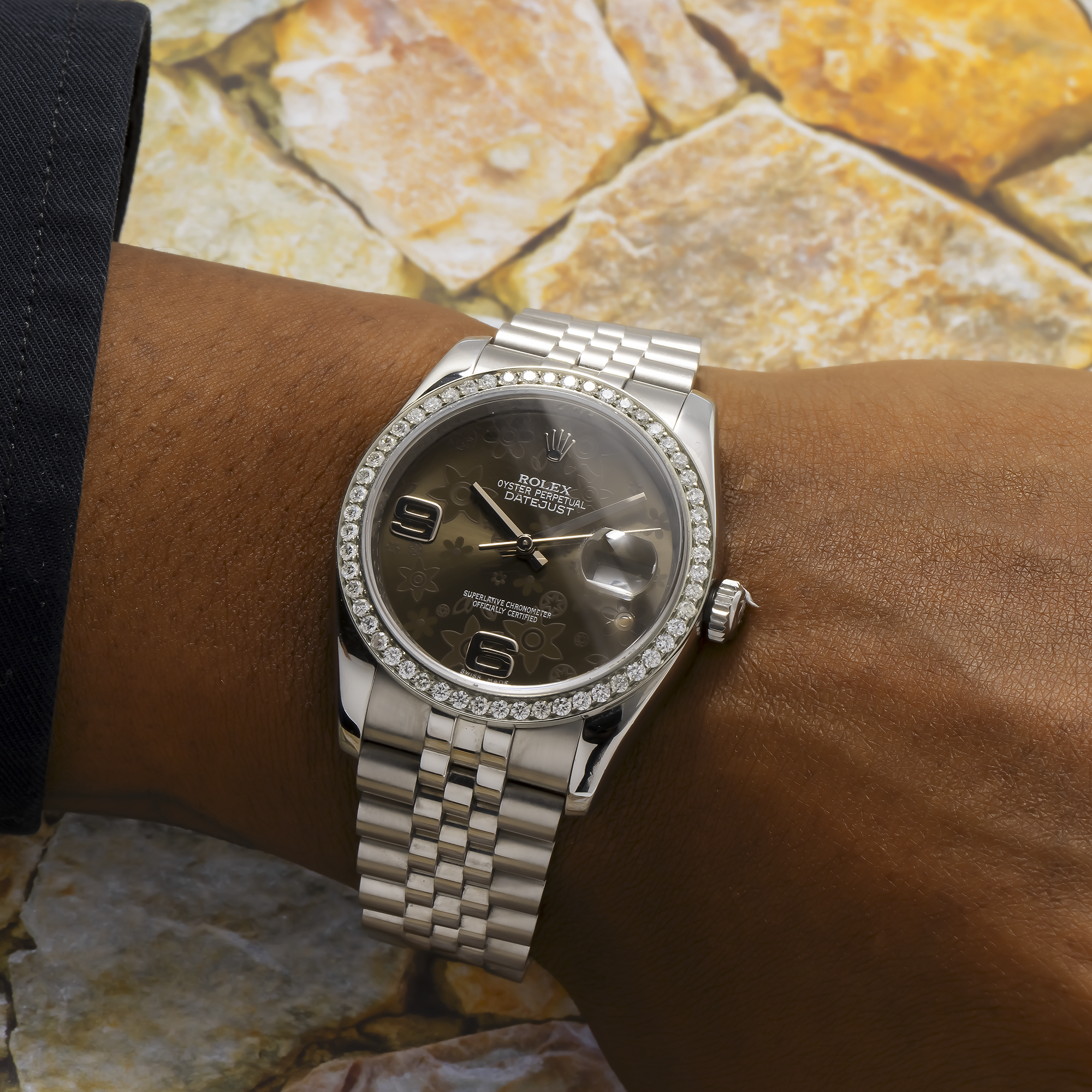 Rolex Datejust 36MM 116234 Brown Floral Arabic Dial Diamond Bezel Stainless Steel Jubilee Bracelet