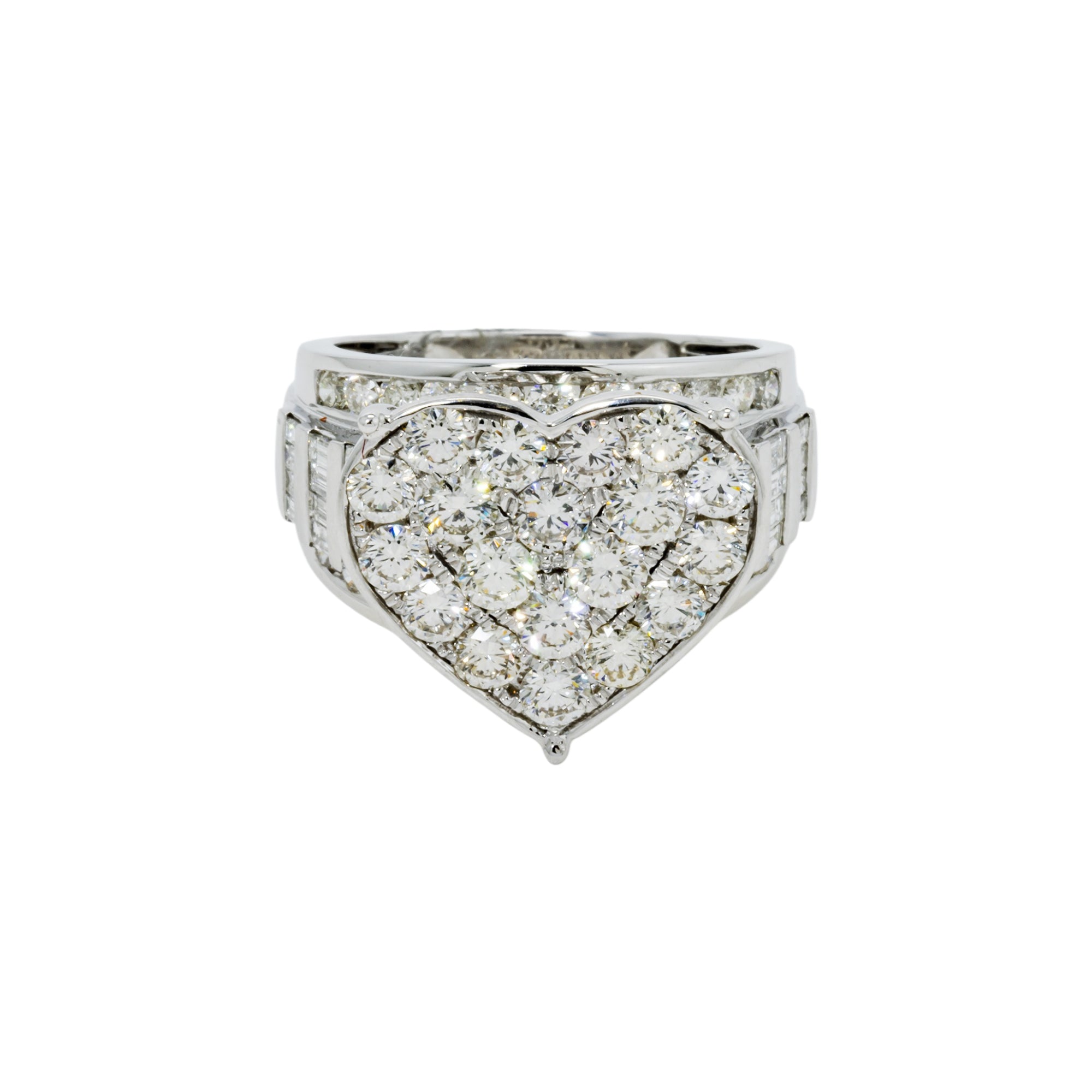 14K GOLD DIAMOND HEART CLUSTER WITH BAGUETTE SHANK STATEMENT RING 3.35 CT