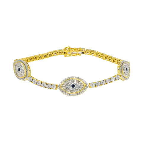 10K GOLD ROUND AND BAGUETTE DIAMOND ILLUSION SETTING EVIL EYE TENNIS BRACELET 1.65 CTW