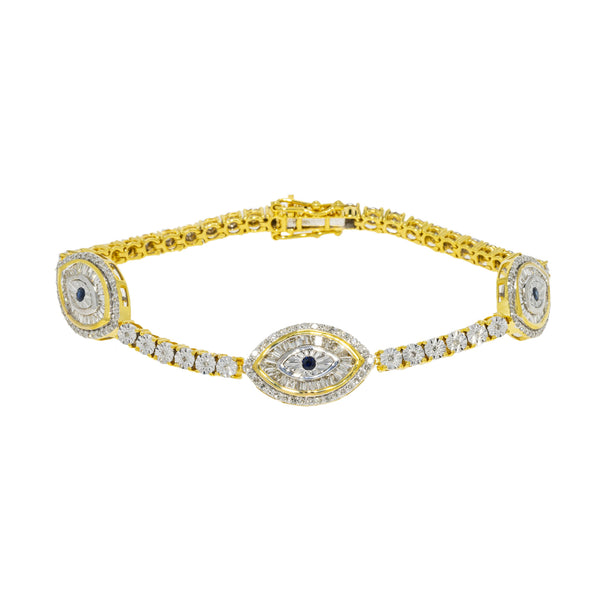 10K GOLD ROUND AND BAGUETTE DIAMOND ILLUSION SETTING EVIL EYE TENNIS BRACELET 1.65 CTW