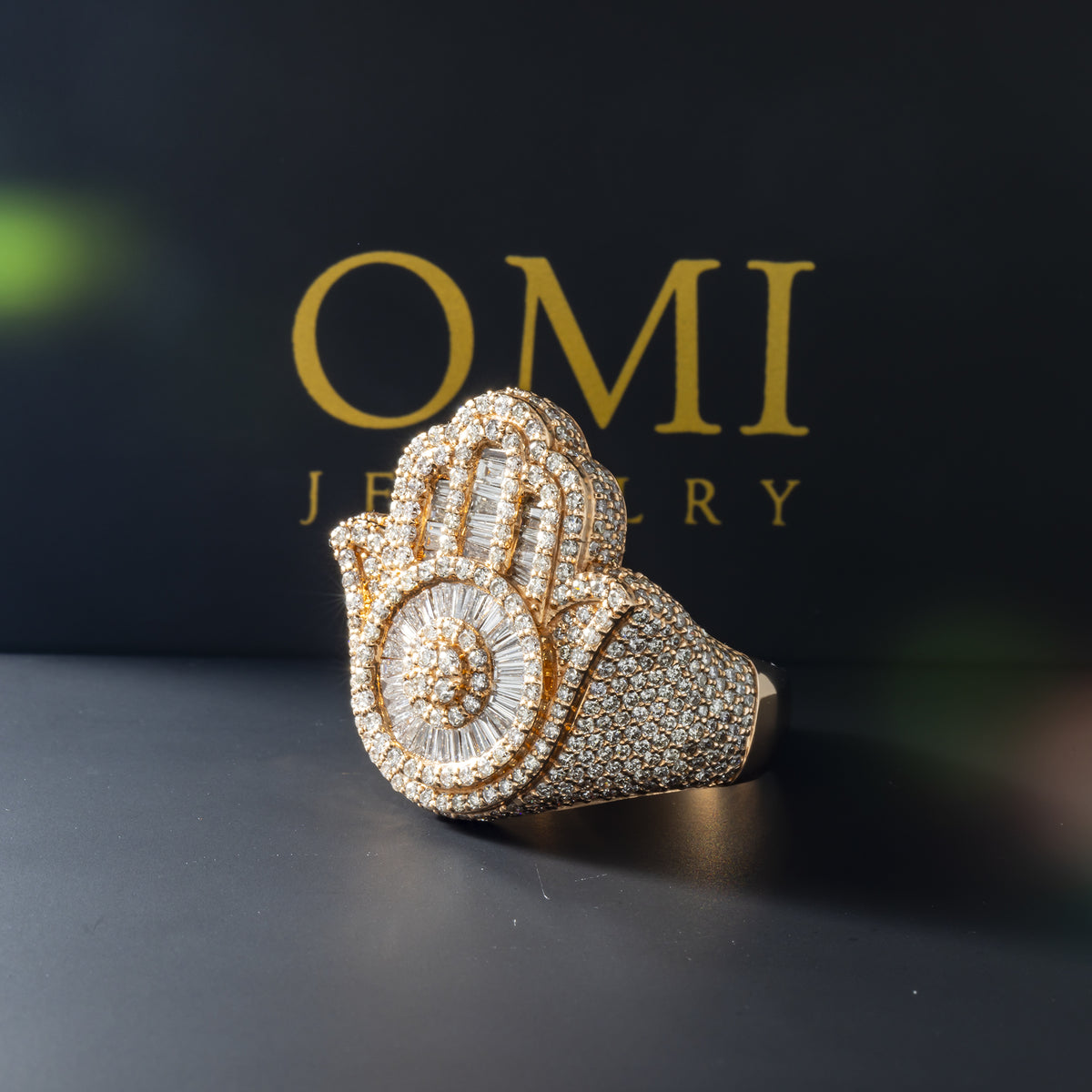 14K GOLD BAGUETTE DIAMOND HAMSA RING 4.00 CTW