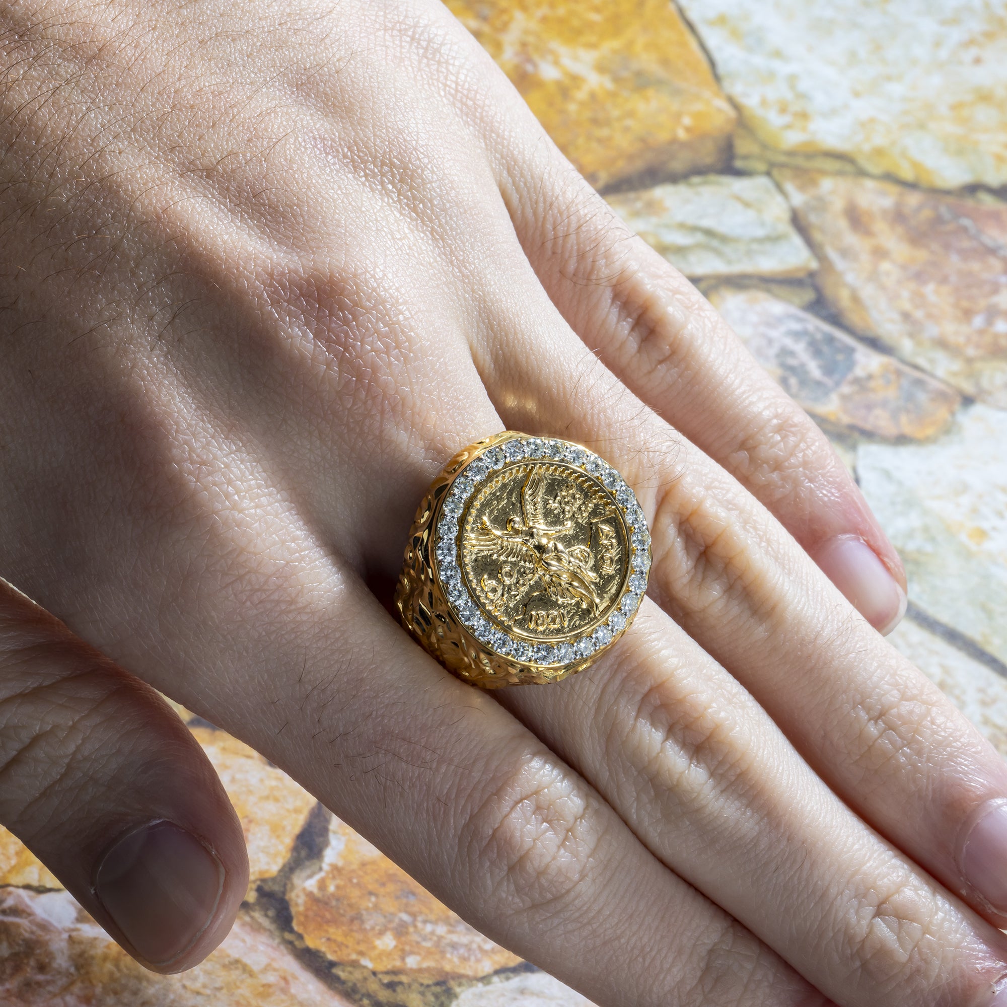 14K GOLD DIAMOND TEXTURED CENTERNARIO RING 1.05 CT