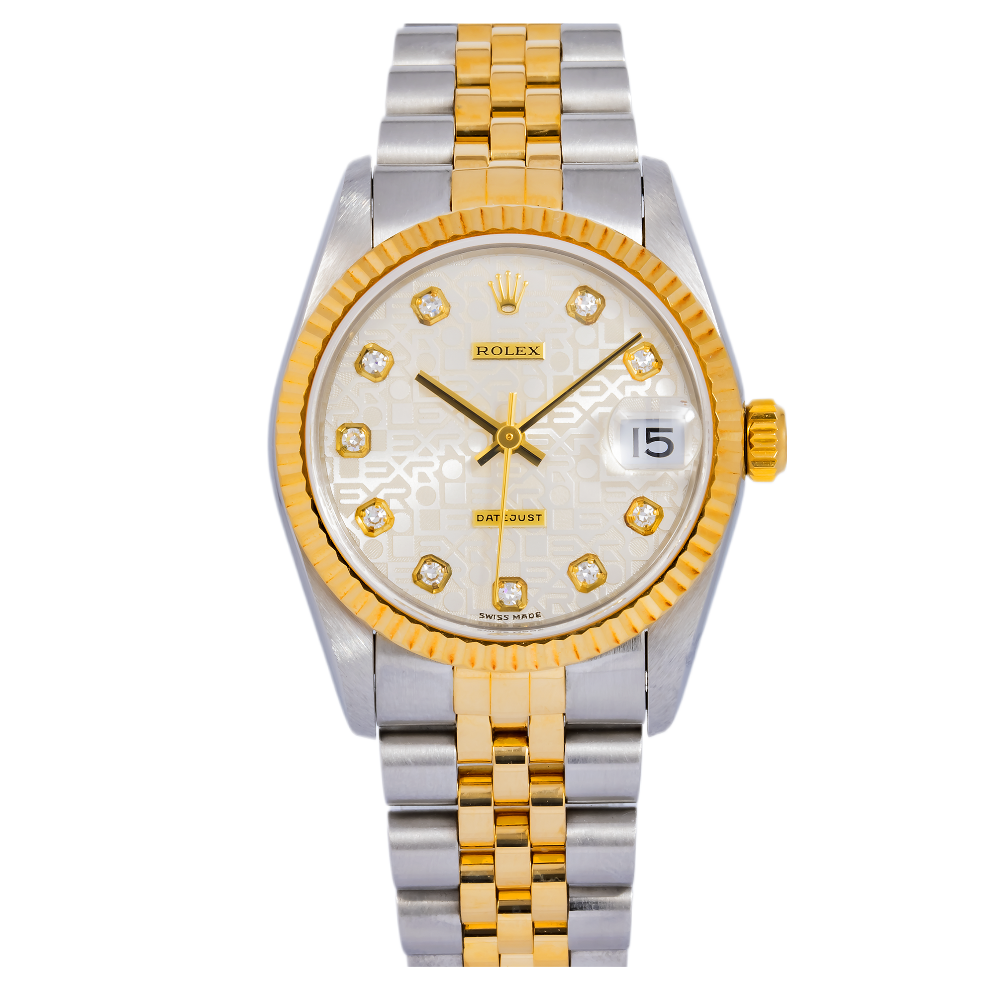 Rolex Datejust 31MM 68273 Silver Pattern Diamond Dial Yellow Gold Fluted Bezel Two Tone Jubilee Bracelet