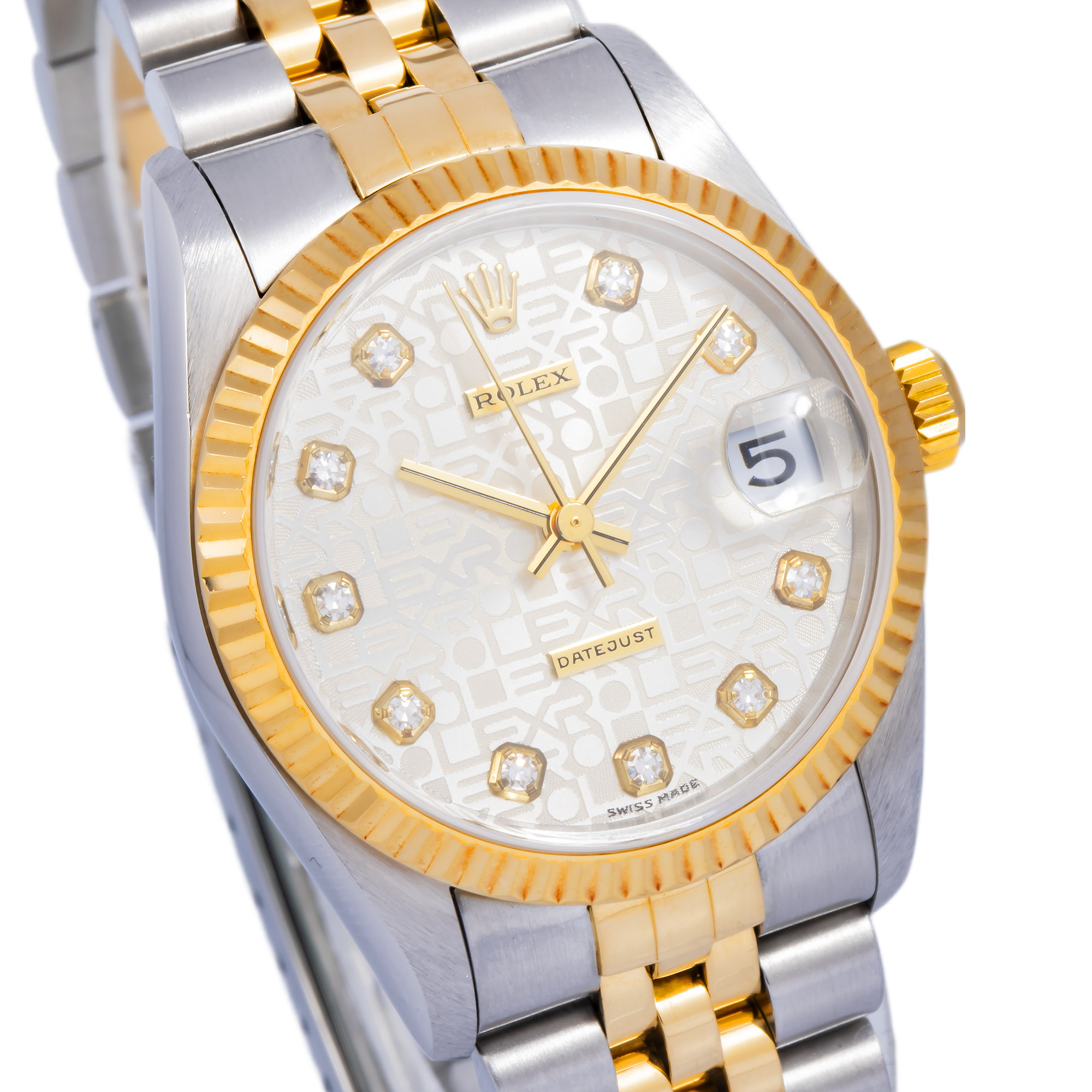 Rolex Datejust 31MM 6824 Silver Pattern Diamond Dial Fluted Bezel Two Tone Yellow Gold Jubilee Bracelet