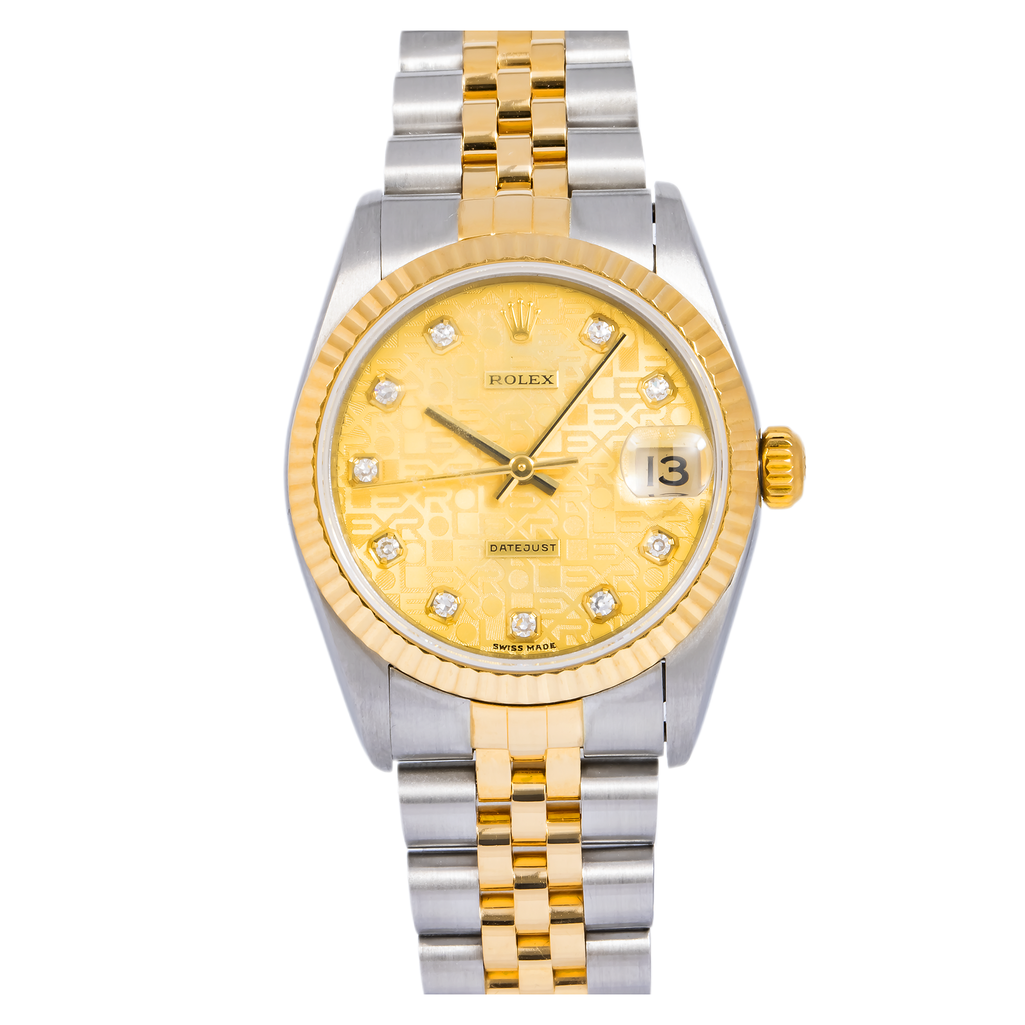 Rolex Datejust 31MM 68273 Champagne Pattern Diamond Dial Yellow Gold Fluted Bezel Two Tone Jubilee Bracelet