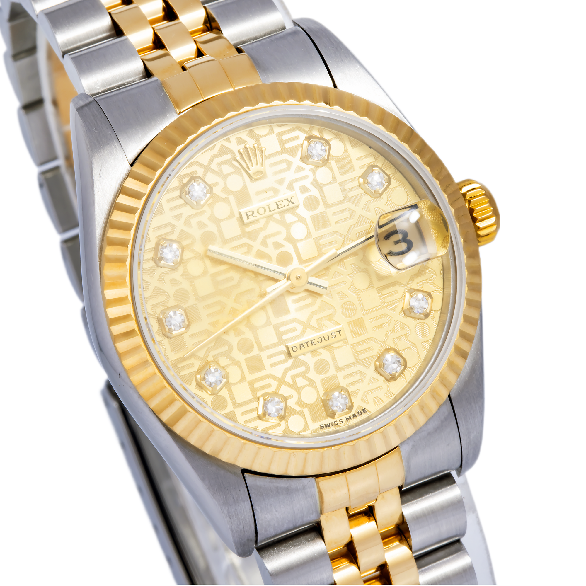 Rolex Datejust 31MM 68273 Champagne Pattern Diamond Dial Fluted Bezel Two Tone Yellow Gold Jubilee Bracelet