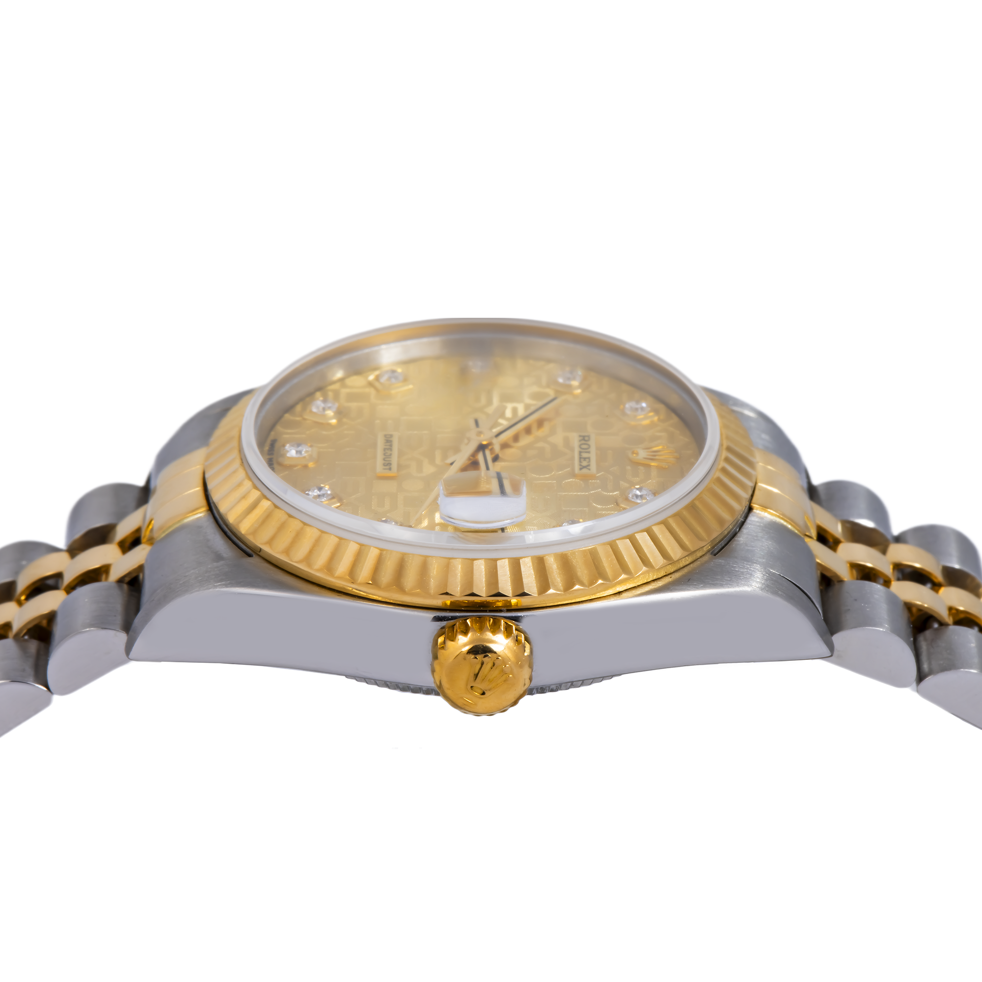 Rolex Datejust 31MM 6824 Champagne Pattern Diamond Dial Fluted Bezel Two Tone Yellow Gold Jubilee Bracelet