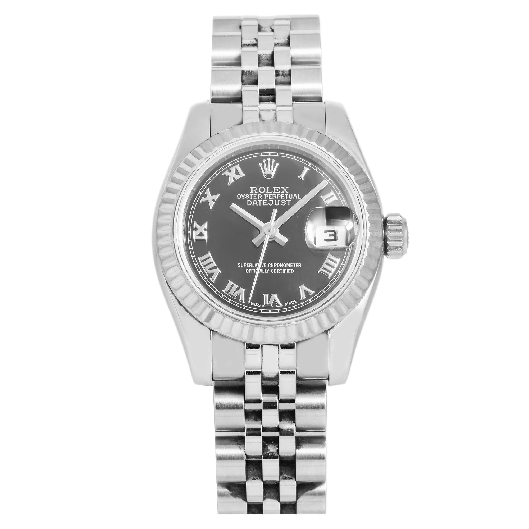 Rolex Datejust 26MM 179174 Black Roman Dial White Gold Fluted Bezel Stainless Steel Jubilee Bracelet