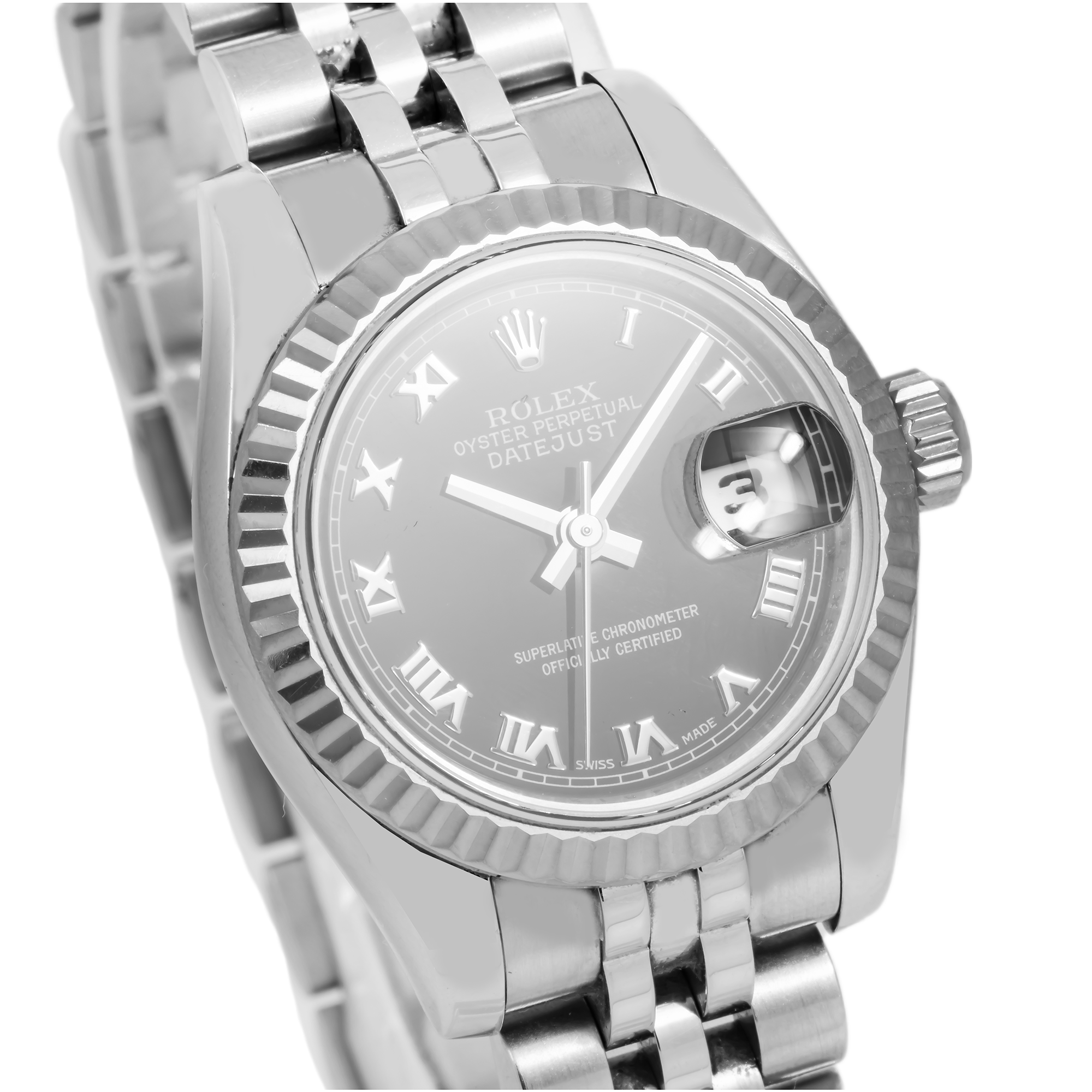 Rolex Datejust 26MM 179174 Black Roman Dial Fluted Bezel Stainless Steel Jubilee Bracelet