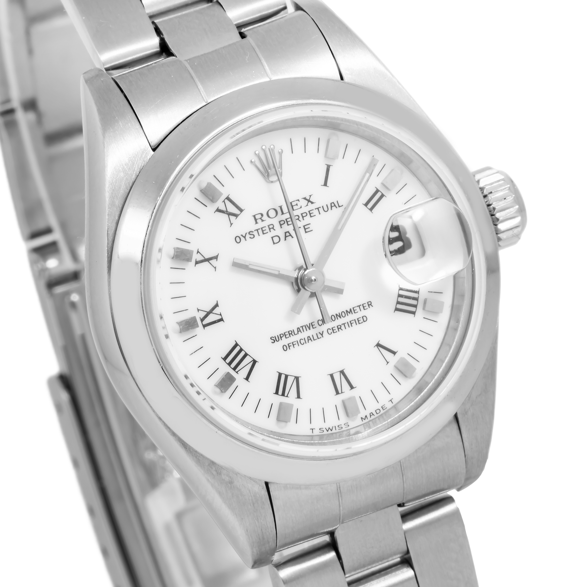 Rolex Date 26MM 69160 White Roman Dial Smooth Bezel Stainless Steel Oyster Bracelet
