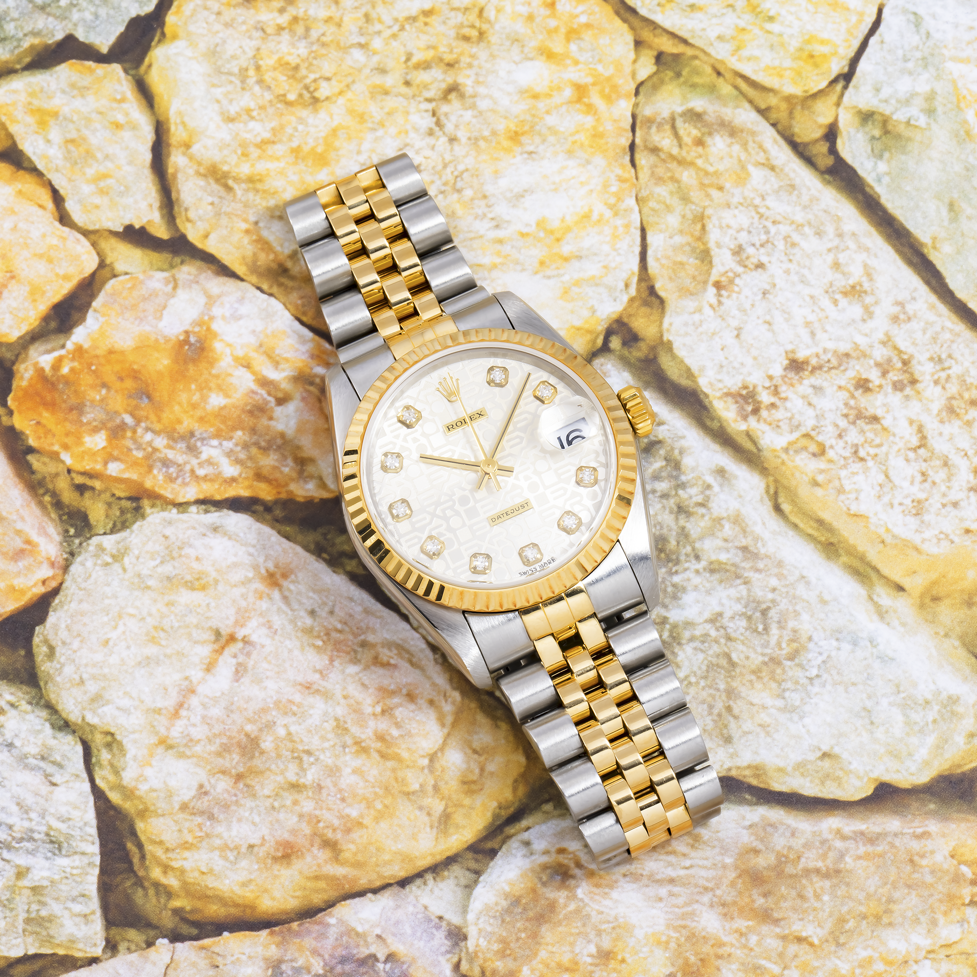 Rolex Datejust 31MM 6824 Silver Pattern Diamond Dial Fluted Bezel Two Tone Yellow Gold Jubilee Bracelet