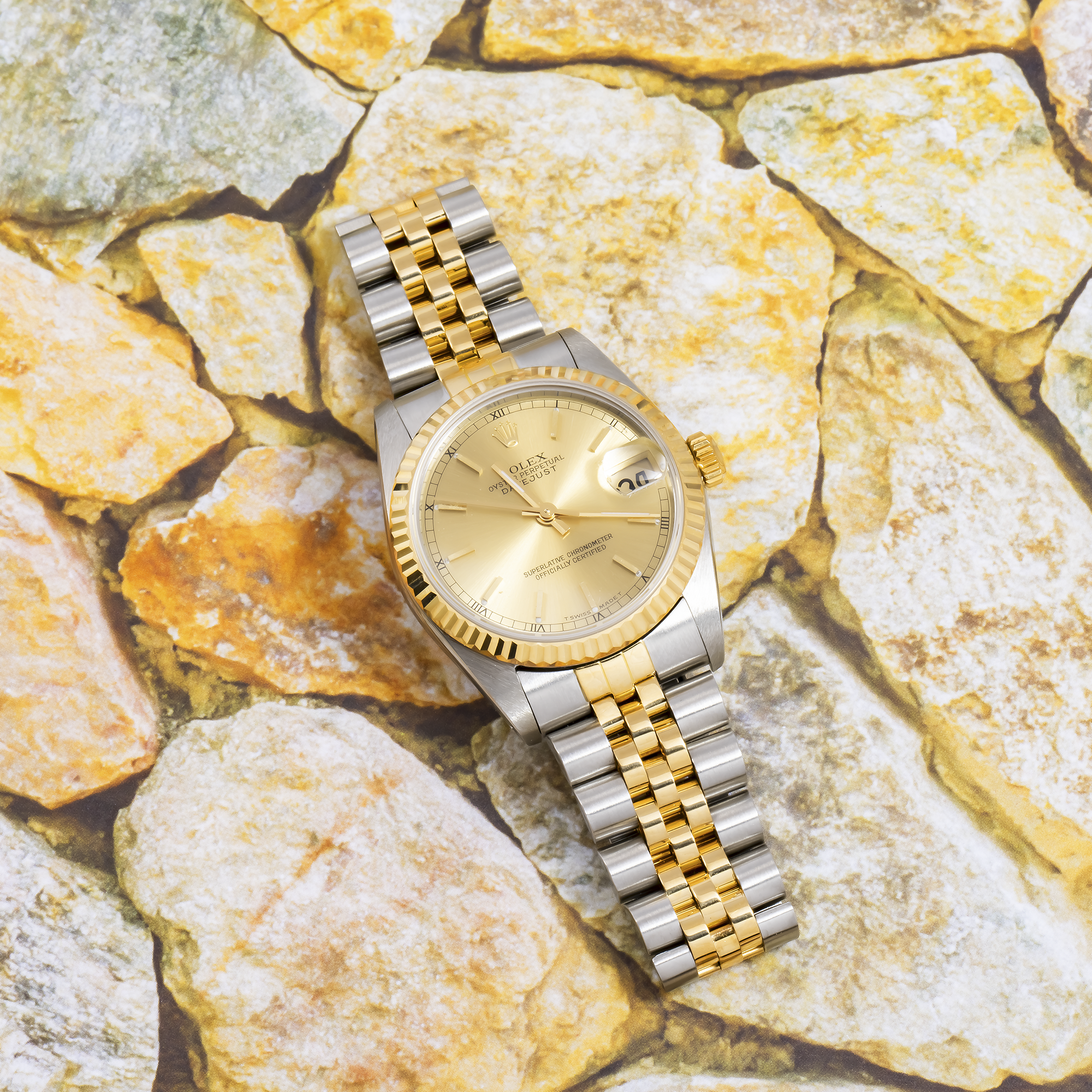 Rolex Datejust 31MM 6824 Champagne Dial Fluted Bezel Two Tone Yellow Gold Jubilee Bracelet