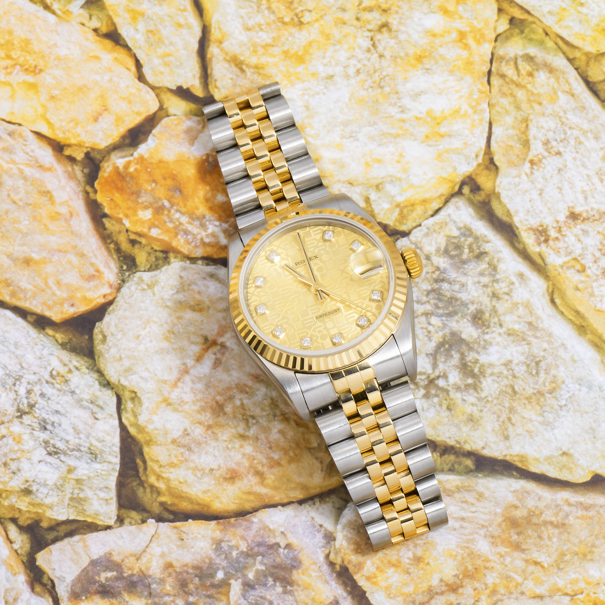 Rolex Datejust 31MM 6824 Champagne Pattern Diamond Dial Fluted Bezel Two Tone Yellow Gold Jubilee Bracelet