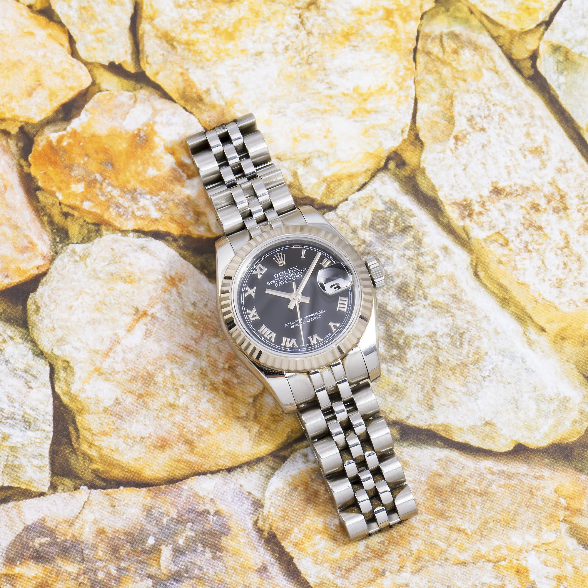 Rolex Datejust 26MM 179174 Black Roman Dial Fluted Bezel Stainless Steel Jubilee Bracelet