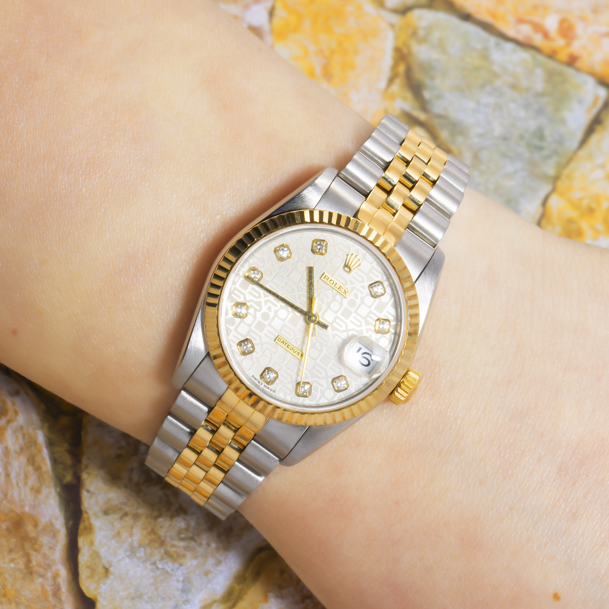 Rolex Datejust 31MM 6824 Silver Pattern Diamond Dial Fluted Bezel Two Tone Yellow Gold Jubilee Bracelet