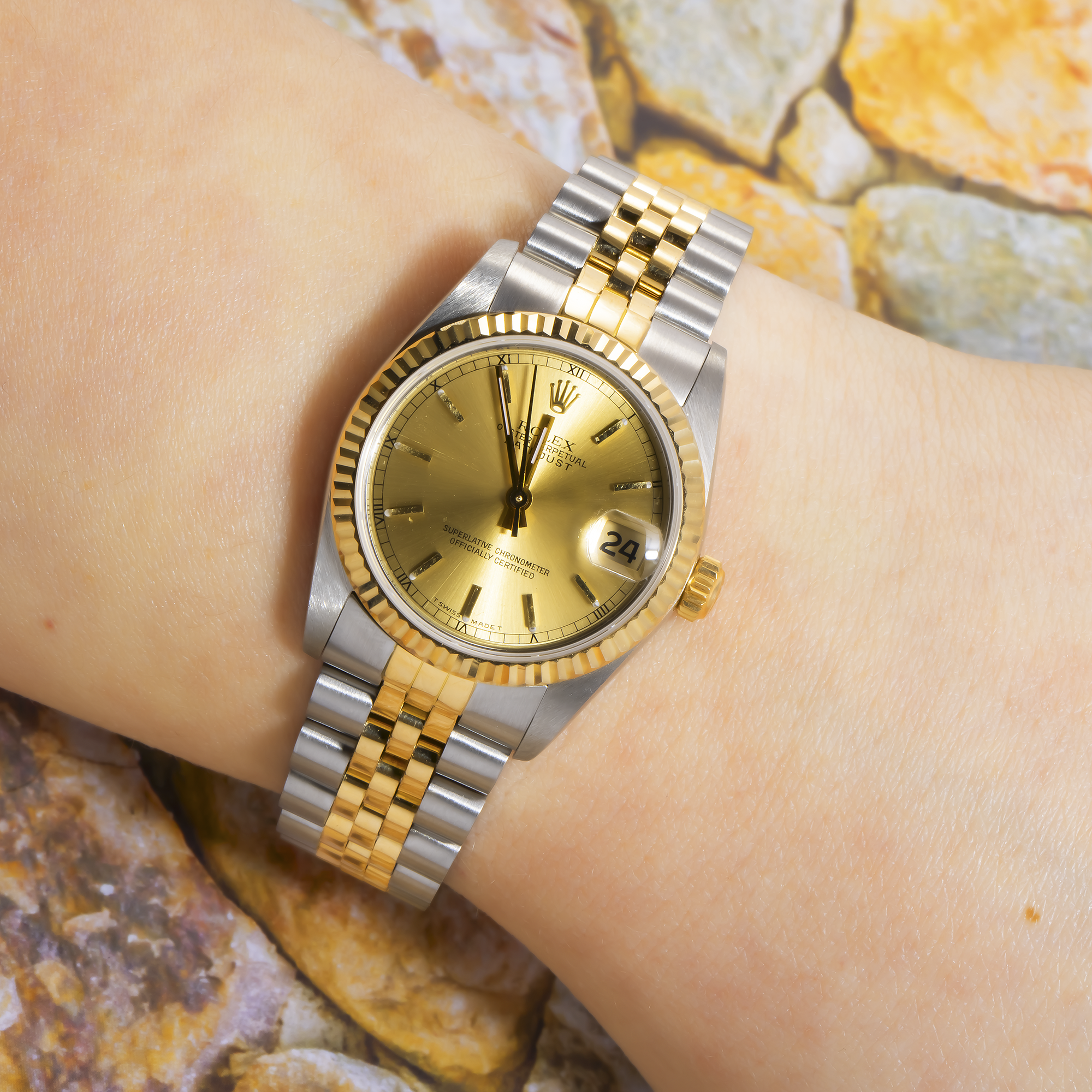 Rolex Datejust 31MM 68273 Champagne Dial Fluted Bezel Two Tone Yellow Gold Jubilee Bracelet