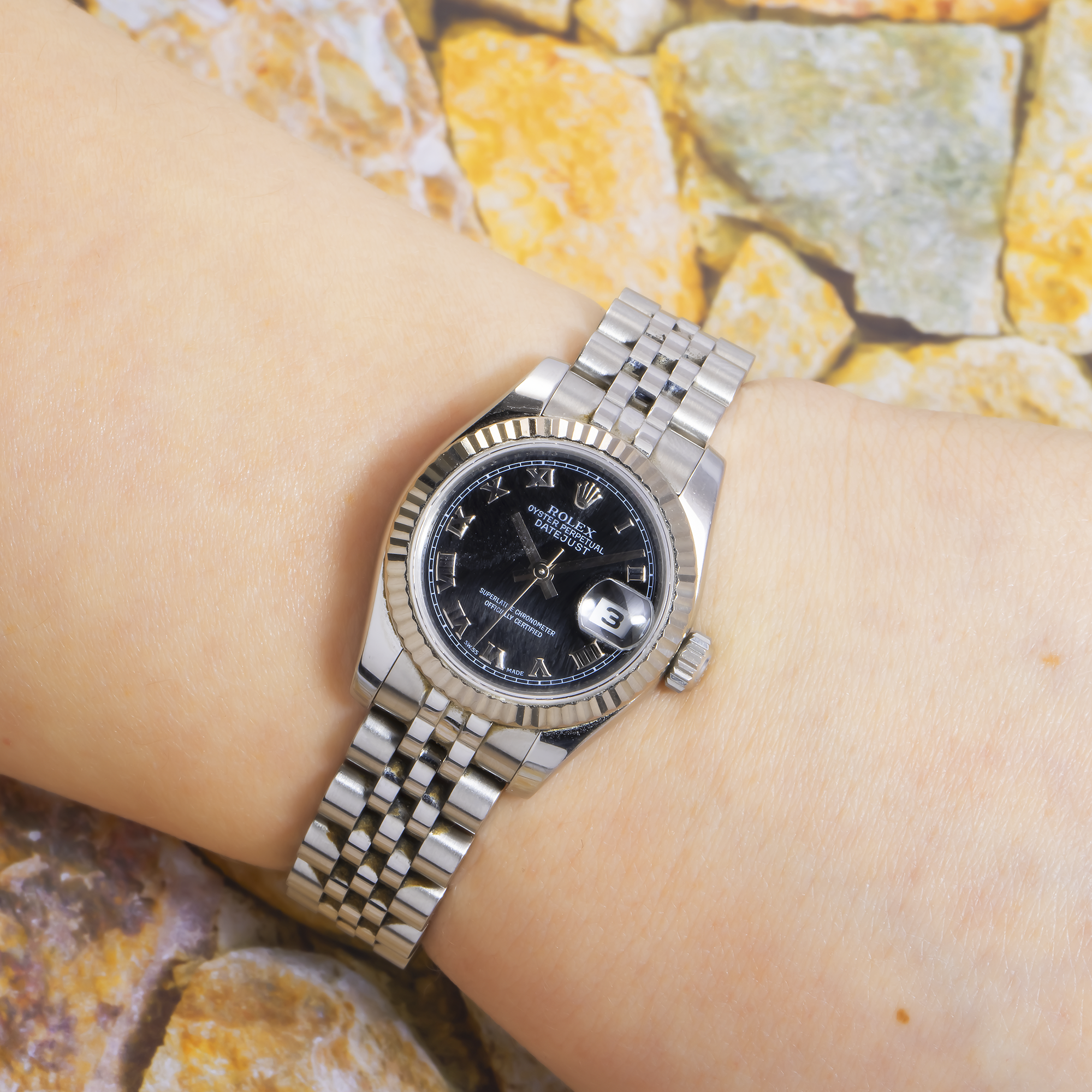 Rolex Datejust 26MM 179174 Black Roman Dial Fluted Bezel Stainless Steel Jubilee Bracelet