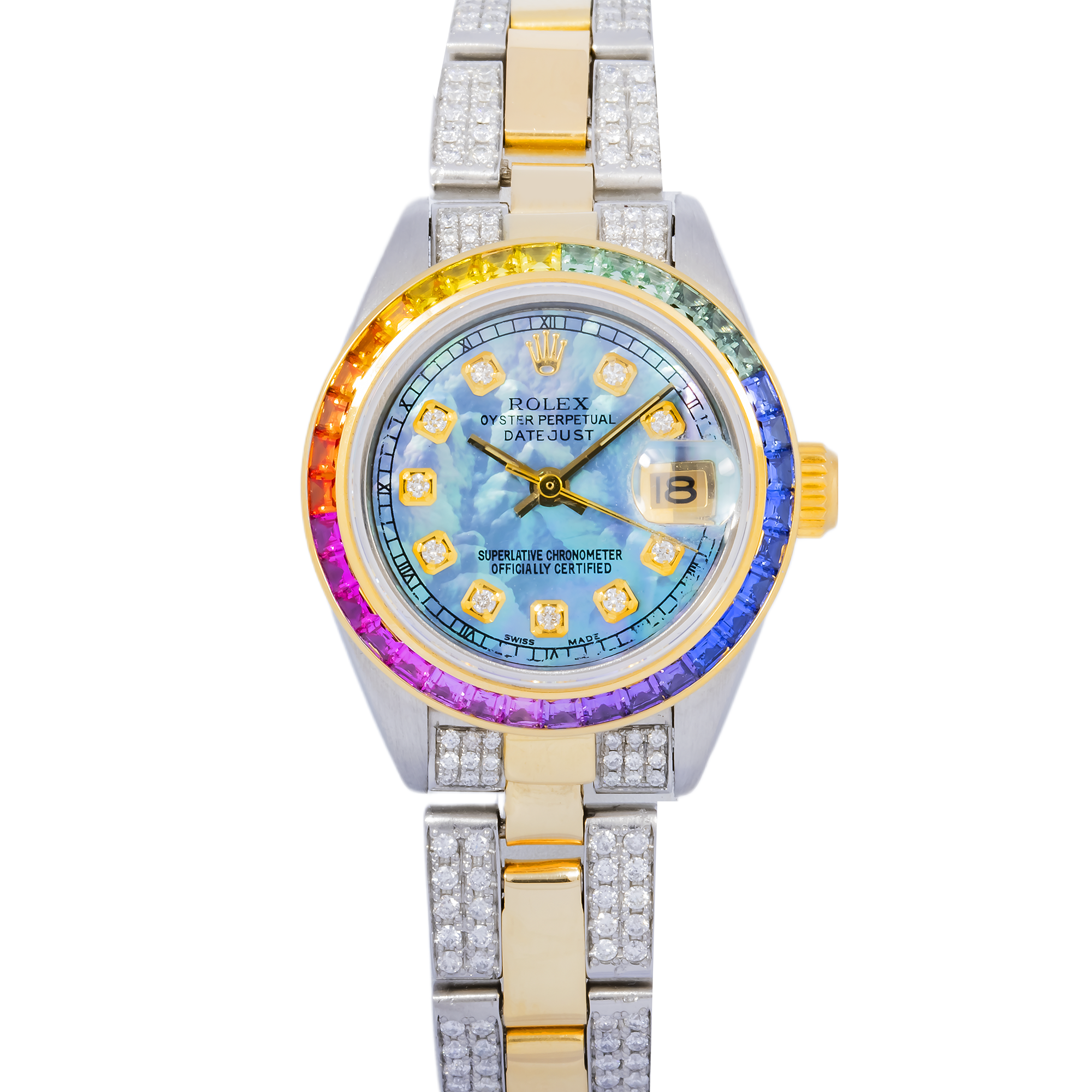Rolex Datejust 26MM 69173 Blue Mother of Pearl Diamond Dial Rainbow Gemstone Bezel Two Tone Semi Diamond Oyster Bracelet