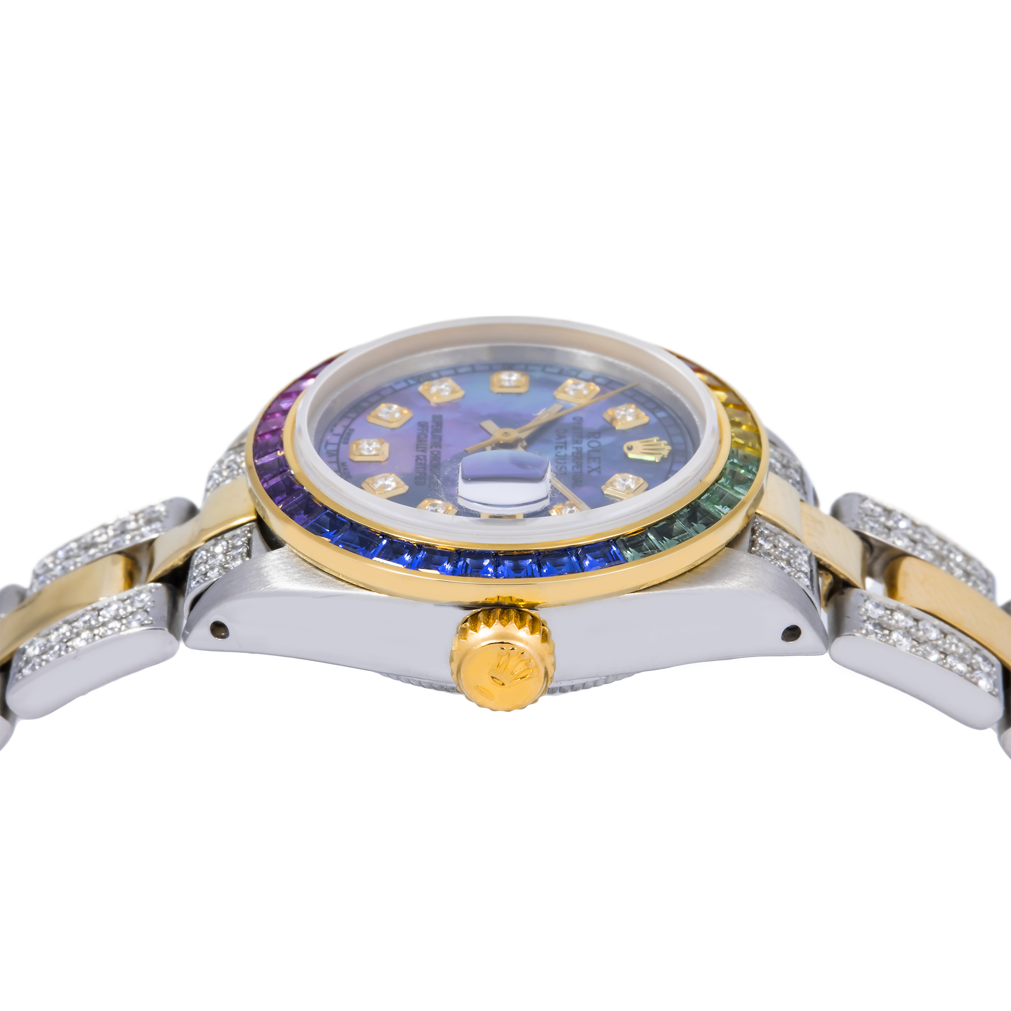 Rolex Datejust 26MM 69173 Blue Mother of Pearl Diamond Dial Rainbow Gemstone Bezel Two Tone Yellow Gold Semi Diamond Oyster Bracelet