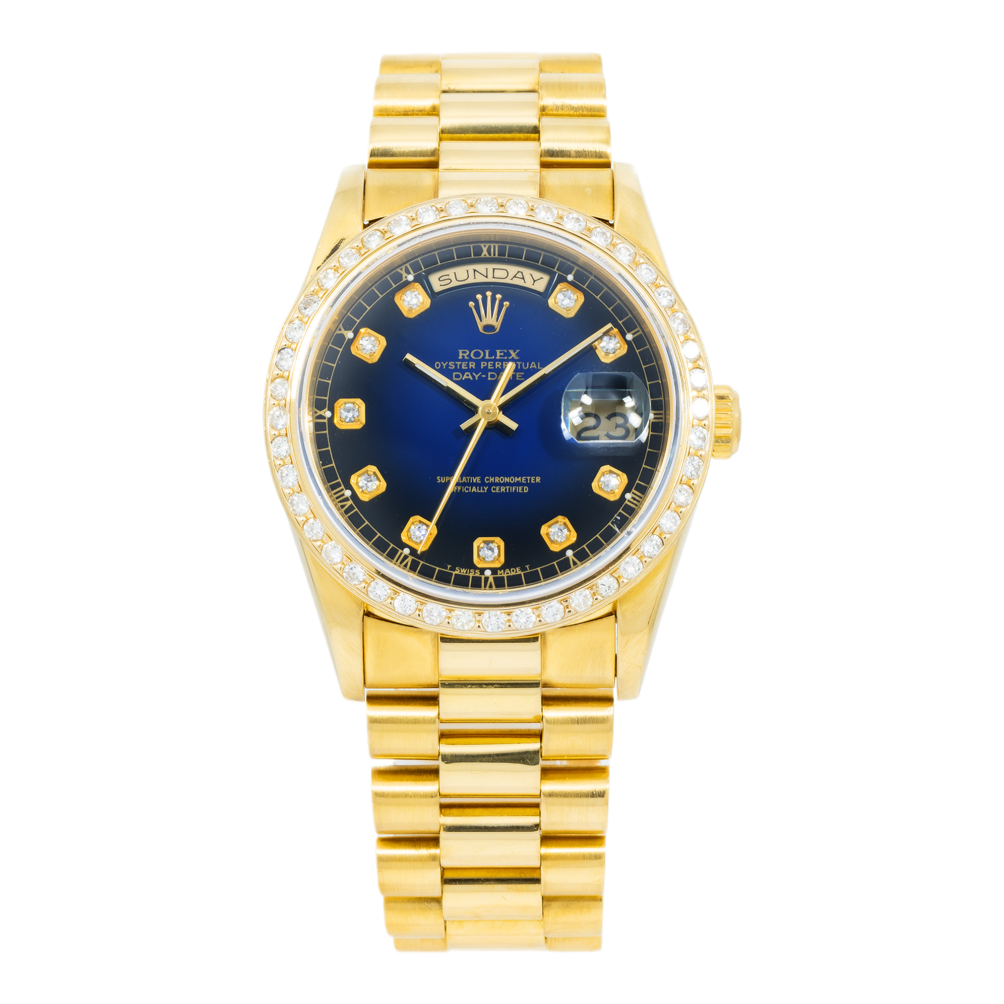 Rolex Day-Date 36MM 18238 Blue Diamond Dial Diamond Bezel 18K Yellow Gold President Bracelet