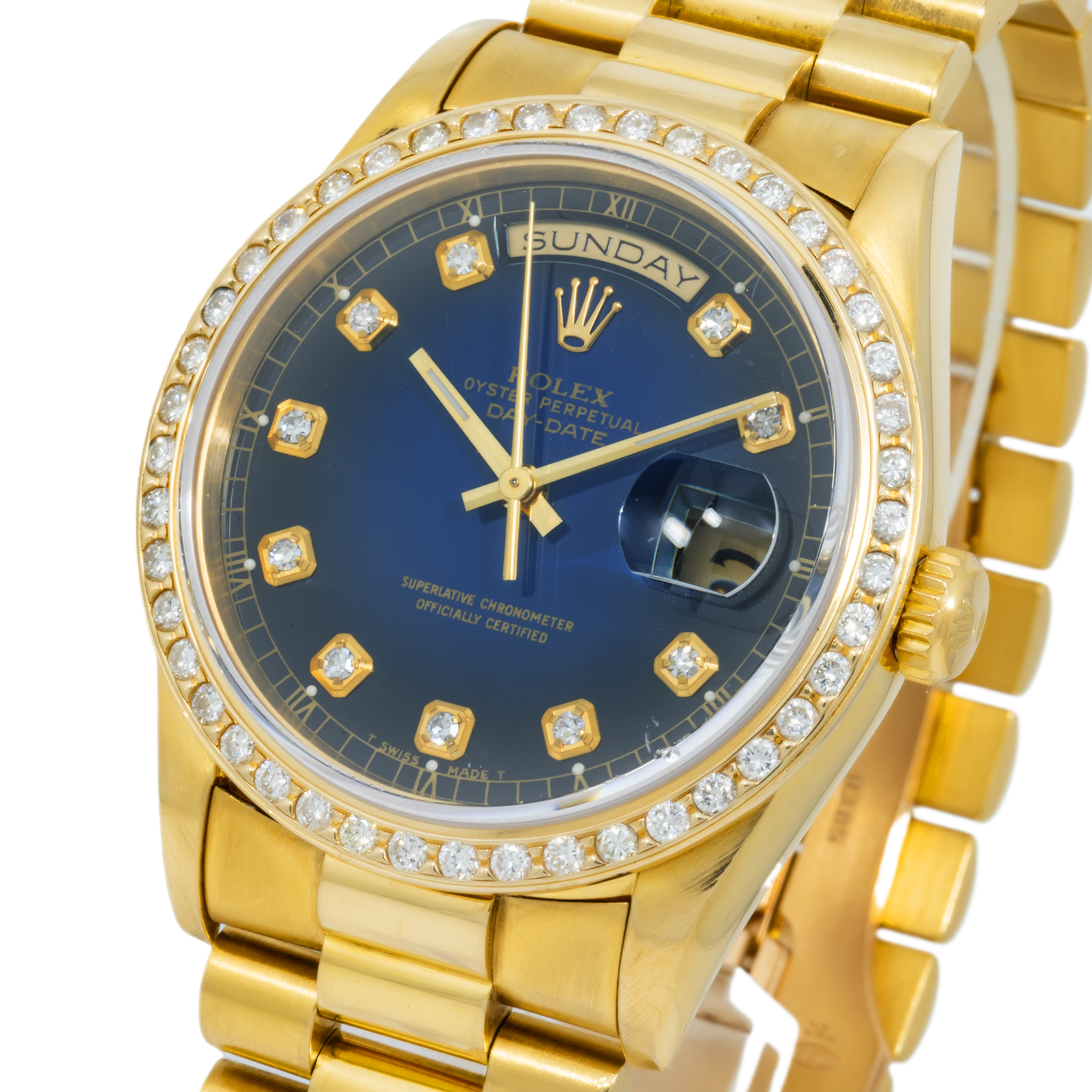 Rolex Day-Date 36MM 18238 Blue Diamond Dial Diamond Bezel 18K Yellow Gold President Bracelet