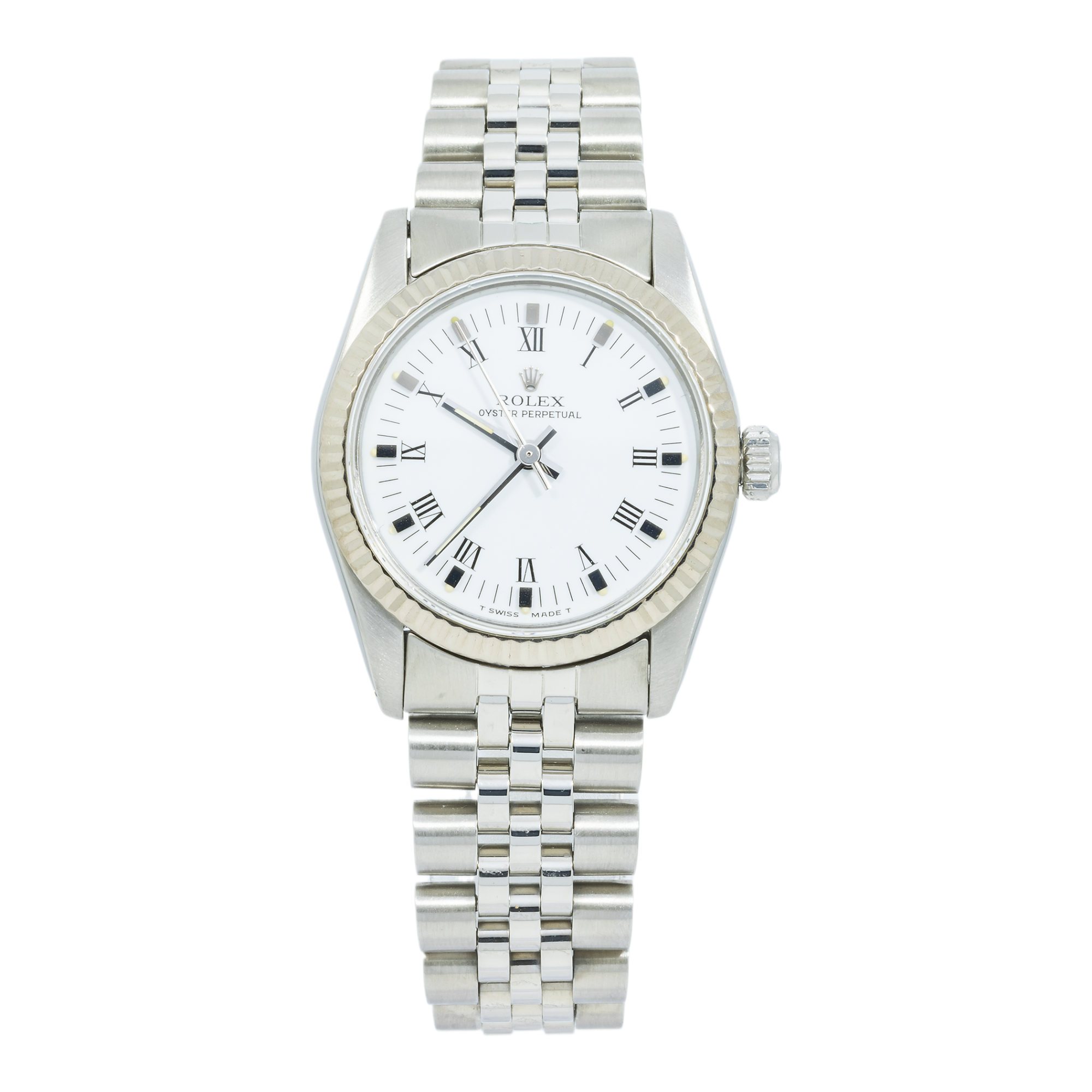 Rolex Oyster Perpetual 31MM 67514 White Roman Dial White Gold Fluted Bezel Stainless Steel Jubilee Bracelet