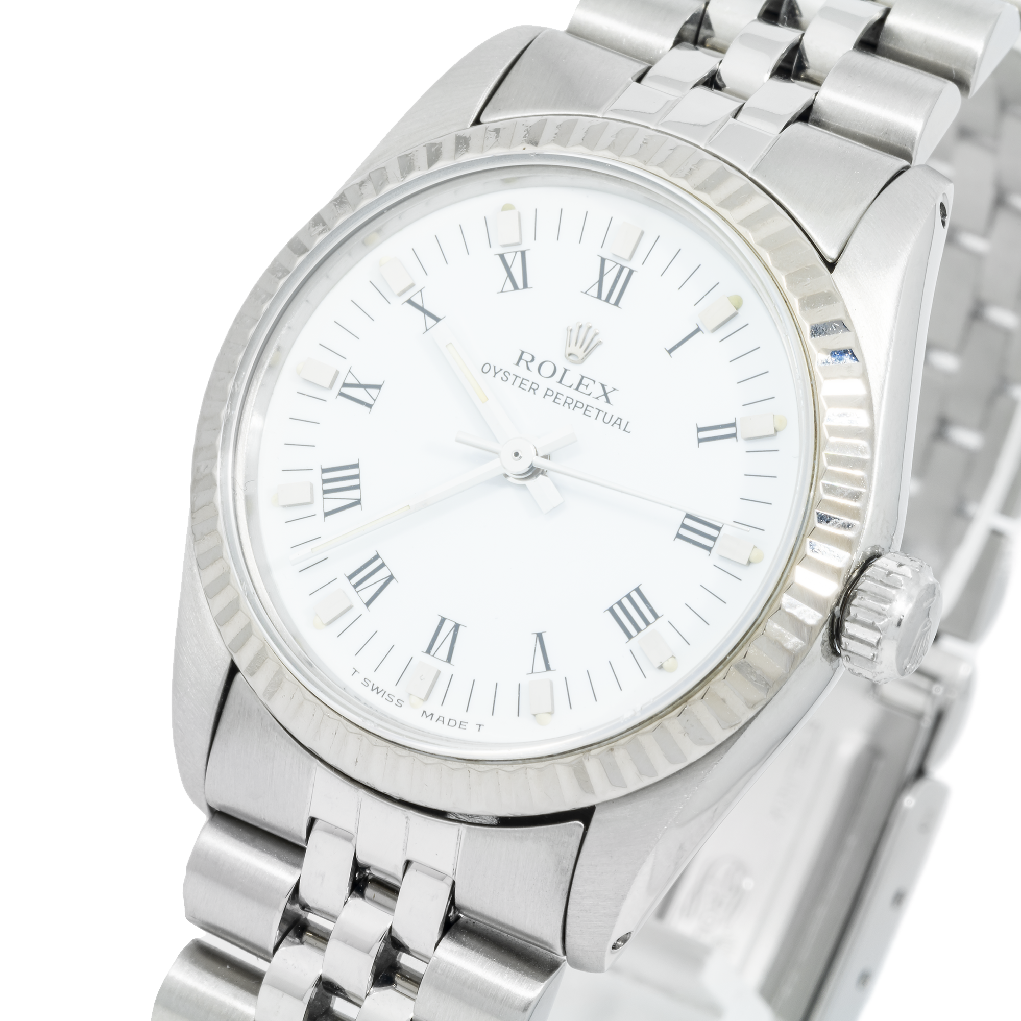 Rolex Oyster Perpetual 31MM 67514 White Roman Dial Fluted Bezel Stainless Steel Jubilee Bracelet