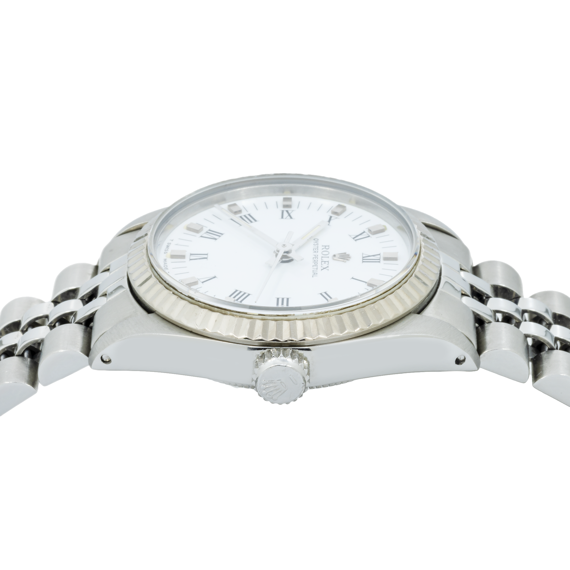 Rolex Oyster Perpetual 31MM 67514 White Roman Dial Fluted Bezel Stainless Steel Jubilee Bracelet