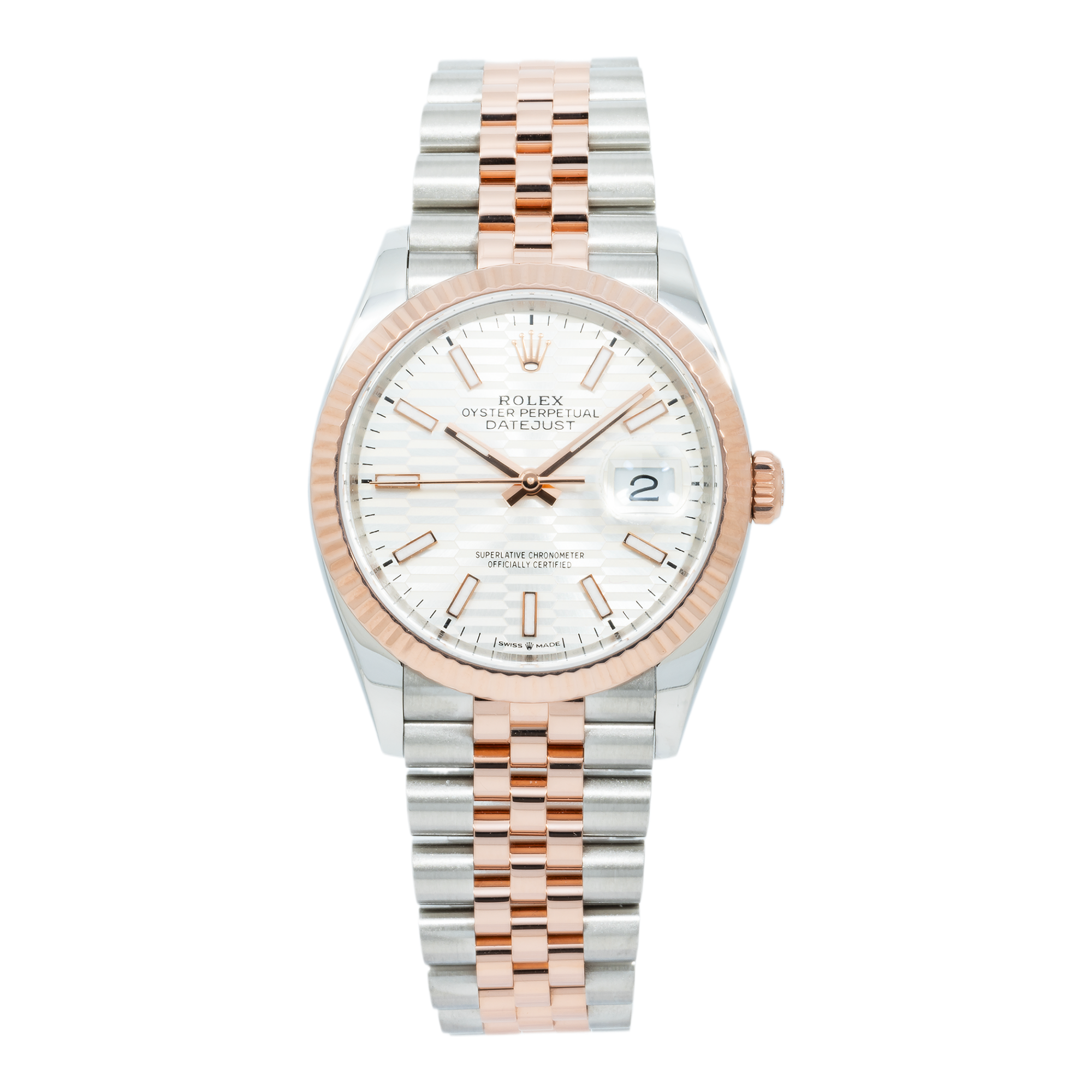 Rolex Datejust 36MM 126231 Silver Motif Dial Rose Gold Fluted Bezel Two Tone Jubilee Bracelet