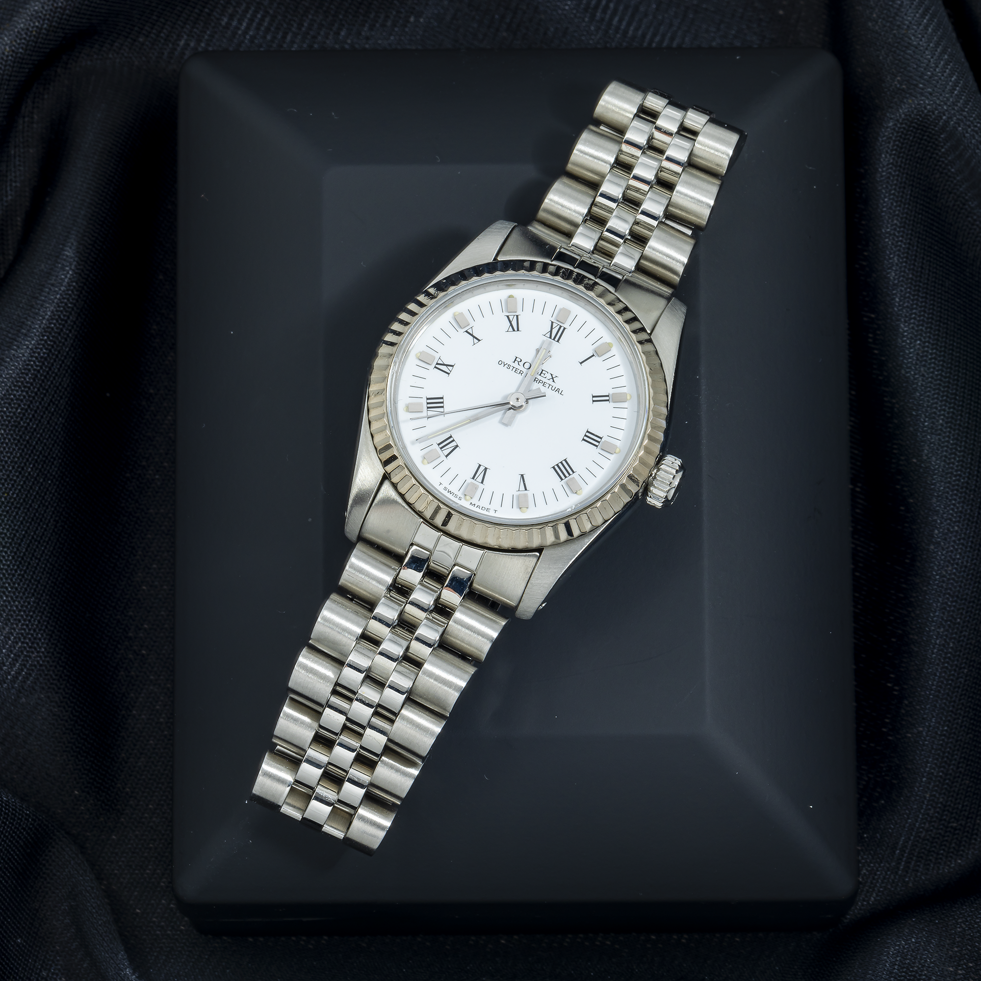 Rolex Oyster Perpetual 31MM 67514 White Roman Dial Fluted Bezel Stainless Steel Jubilee Bracelet