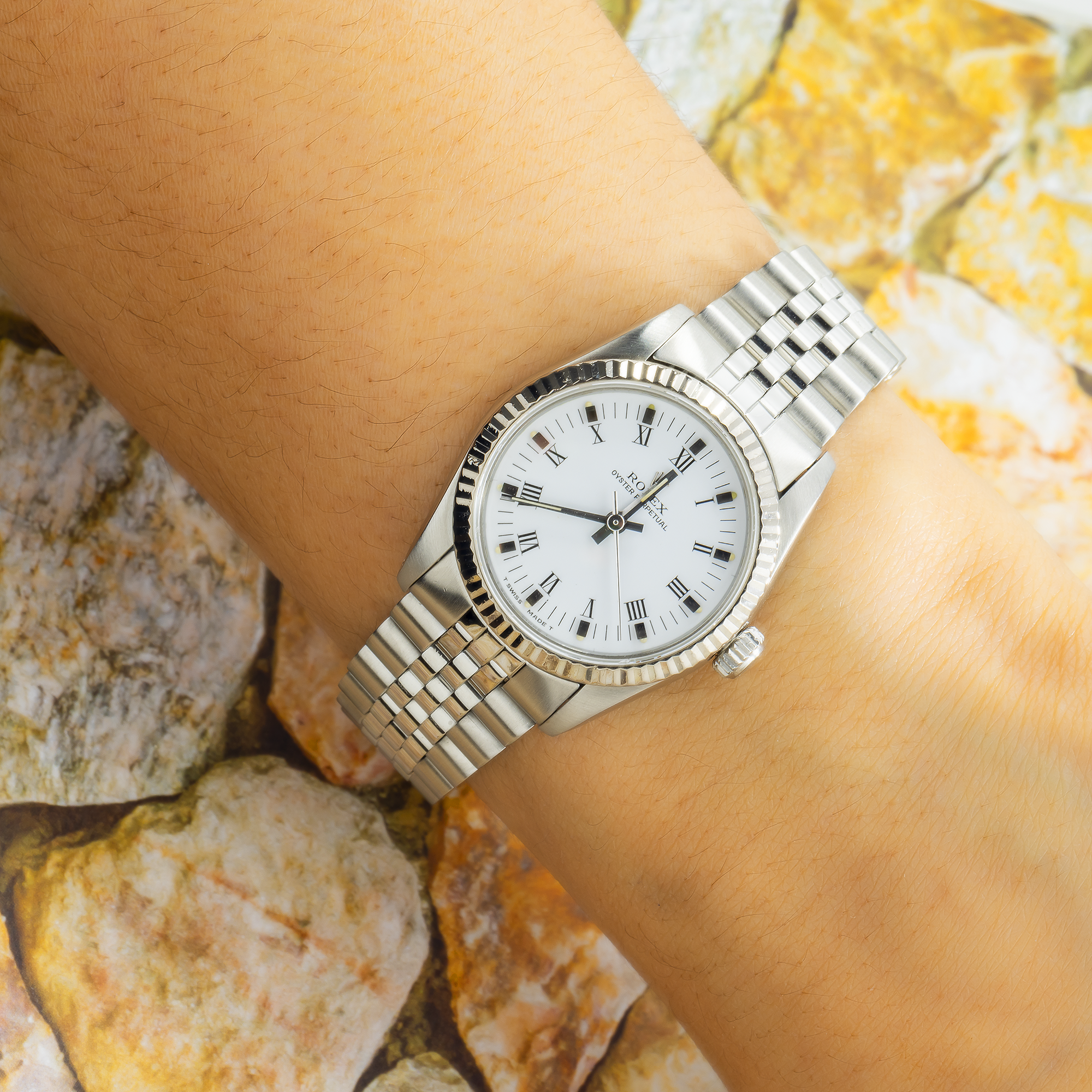 Rolex Oyster Perpetual 31MM 67514 White Roman Dial Fluted Bezel Stainless Steel Jubilee Bracelet