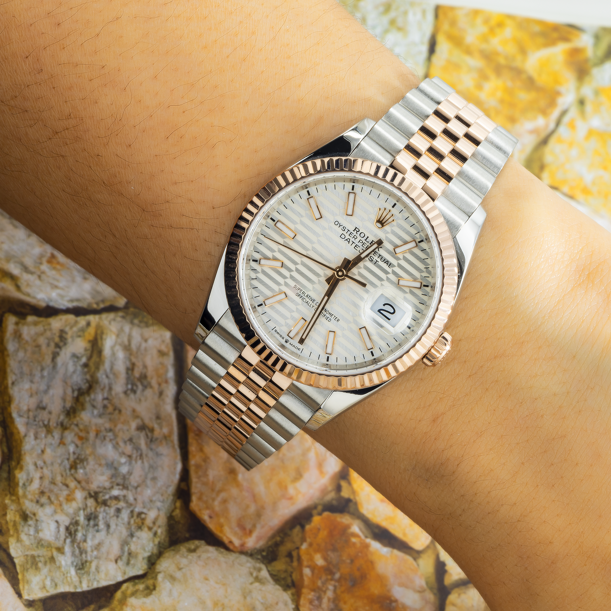 Rolex Datejust 36MM 126231 Silver Motif Dial Fluted Bezel Two Tone Rose Gold Jubilee Bracelet
