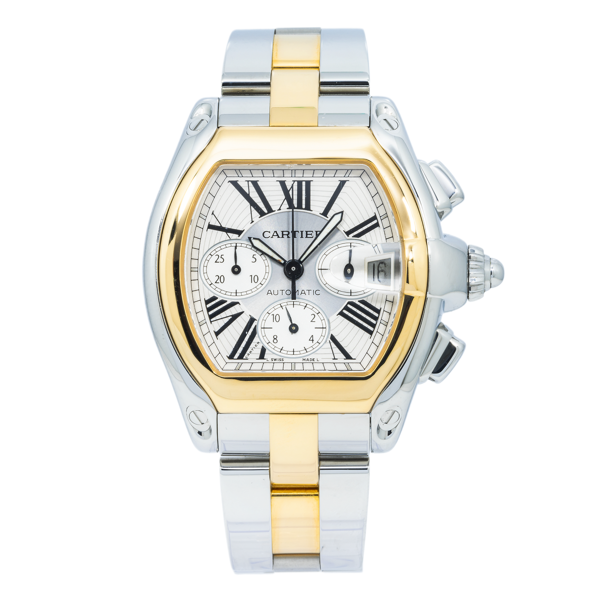 Cartier Roadster XL 43MM W62027Z1 Silver Roman Dial Yellow Gold Bezel Two Tone Yellow Gold Bracelet