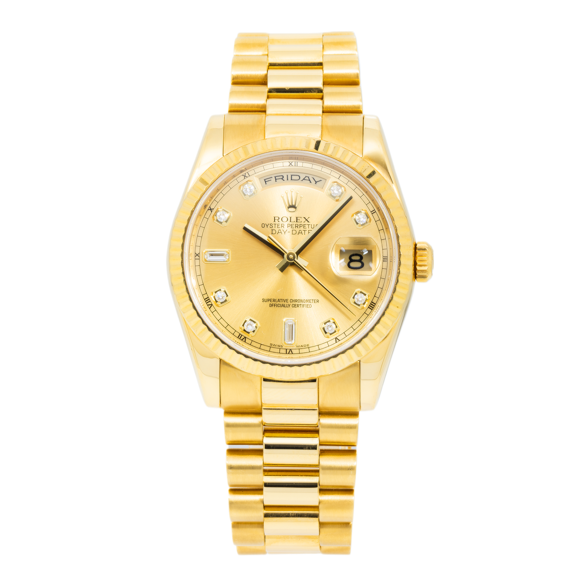 Rolex Day-Date 36MM 118238 Champagne Diamond Dial Yellow Gold Fluted Bezel 18K Yellow Gold President Bracelet