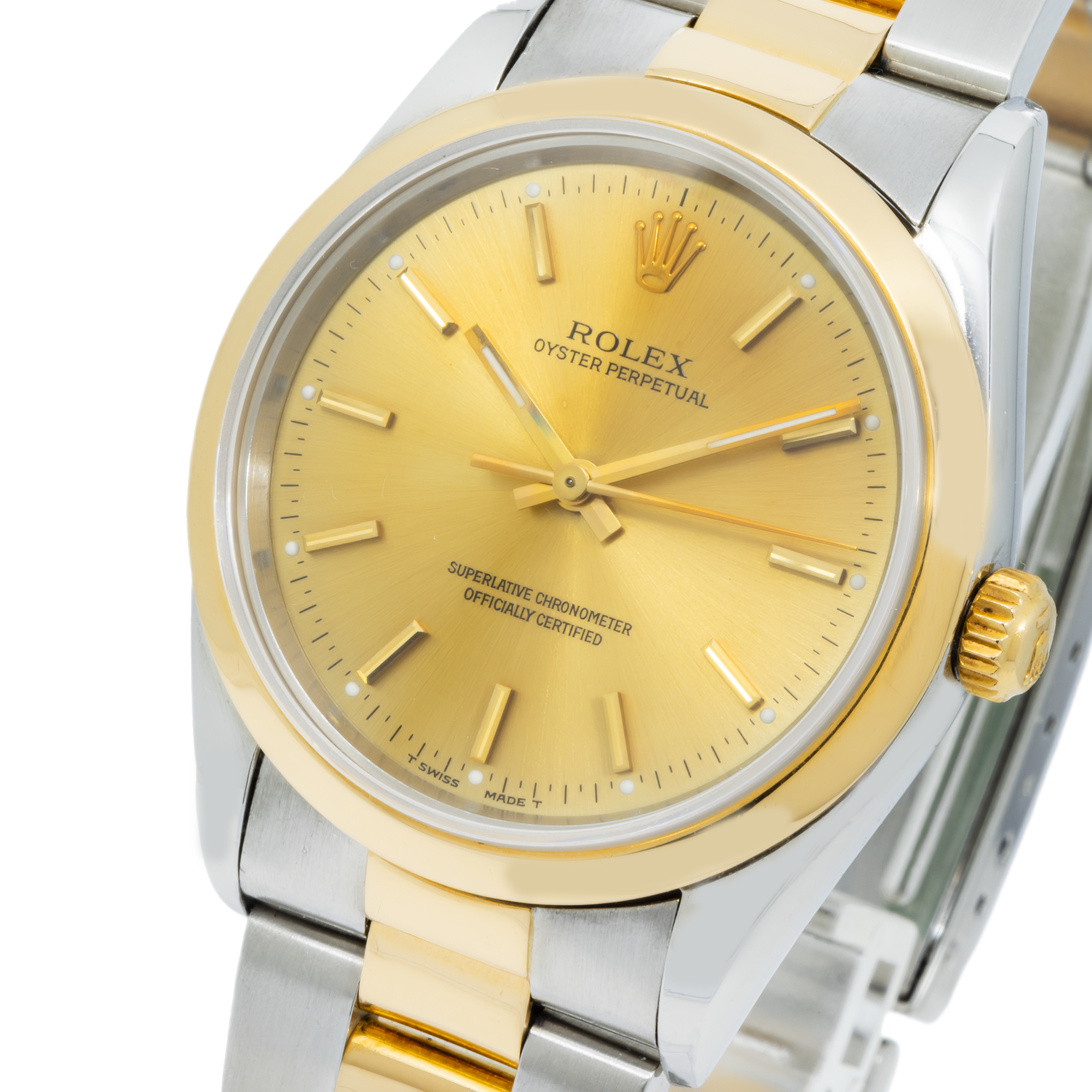 Rolex Oyster Perpetual 34MM 14203 Champagne Dial Smooth Bezel Two Tone Yellow Gold Oyster Bracelet