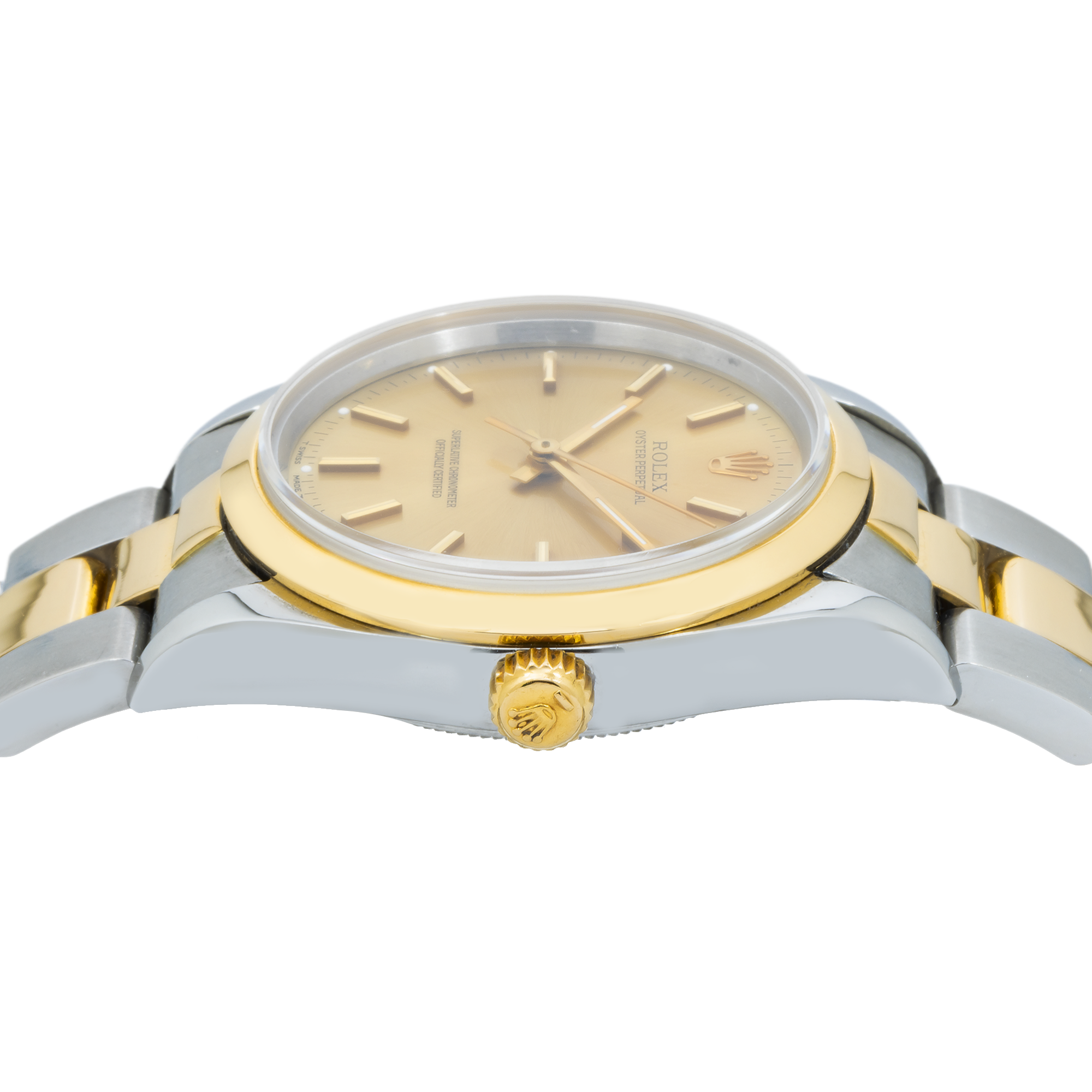 Rolex Oyster Perpetual 34MM 14203 Champagne Dial Smooth Bezel Two Tone Yellow Gold Oyster Bracelet