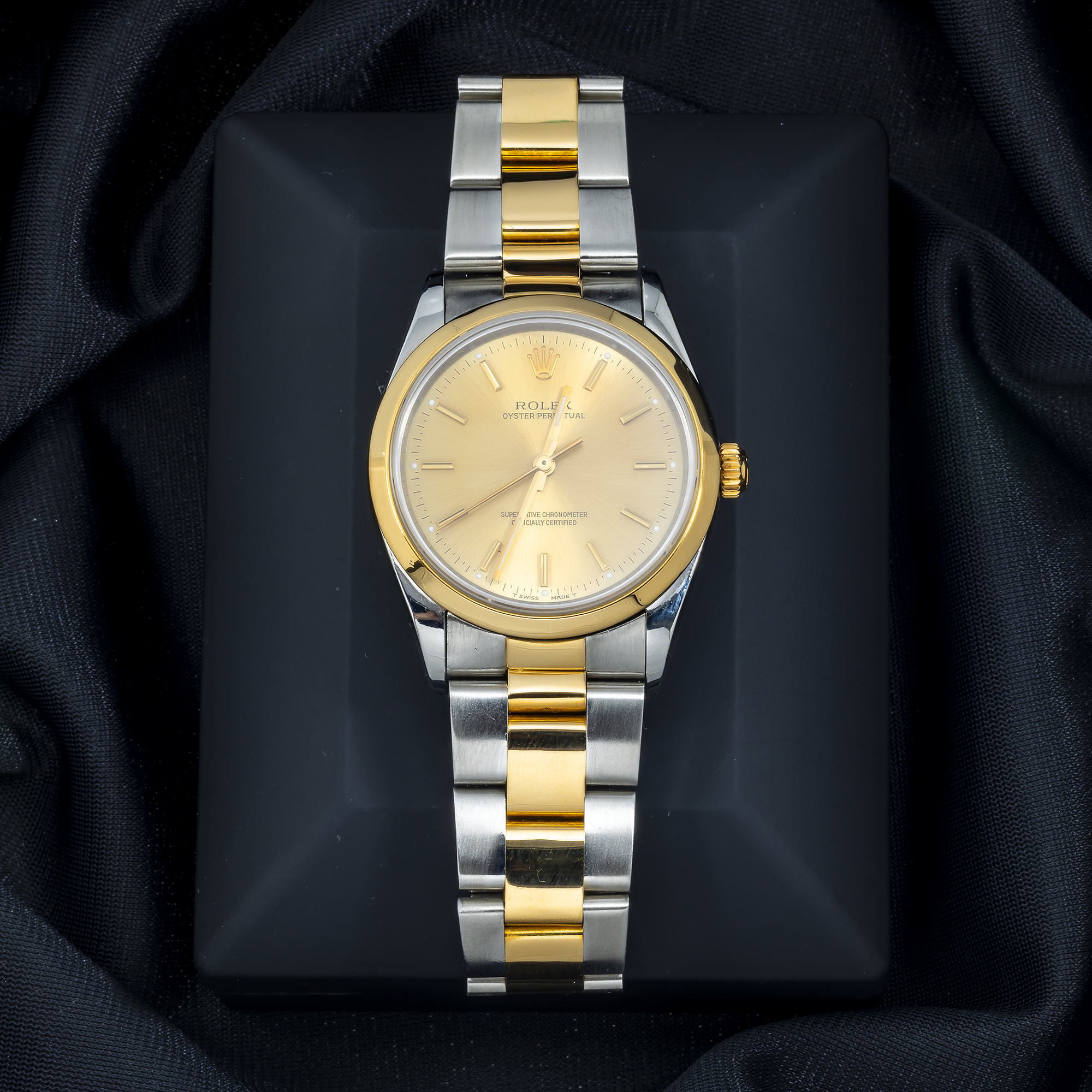 Rolex Oyster Perpetual 34MM 14203 Champagne Dial Smooth Bezel Two Tone Yellow Gold Oyster Bracelet