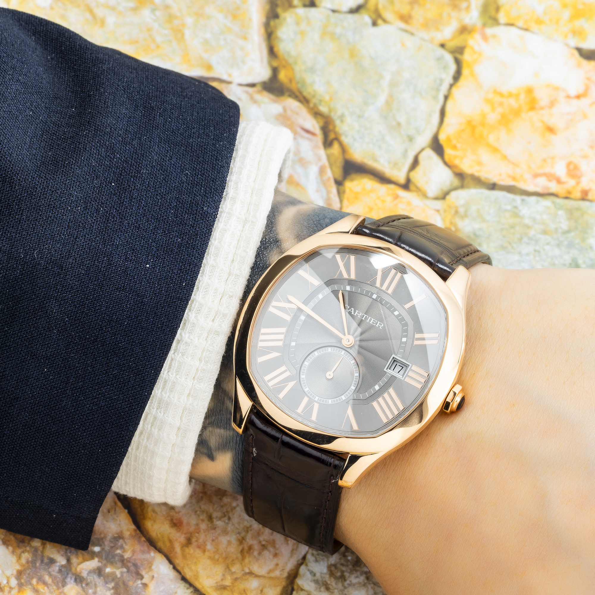 Cartier Drive 40MM WGNM0004 Gray Roman Dial Rose Gold Bezel Black Leather Strap