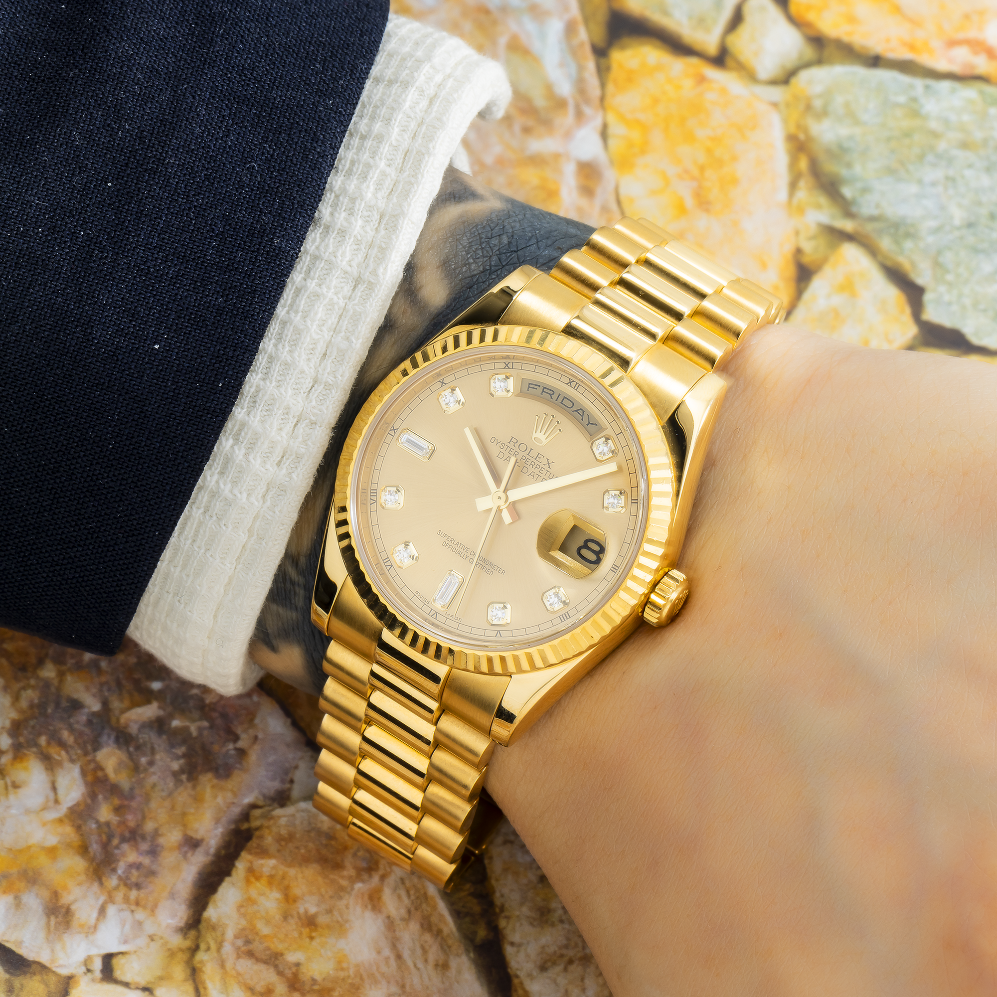 Rolex Day-Date 36MM 18238 Champagne Diamond Dial Fluted Bezel 18K Yellow Gold President Bracelet