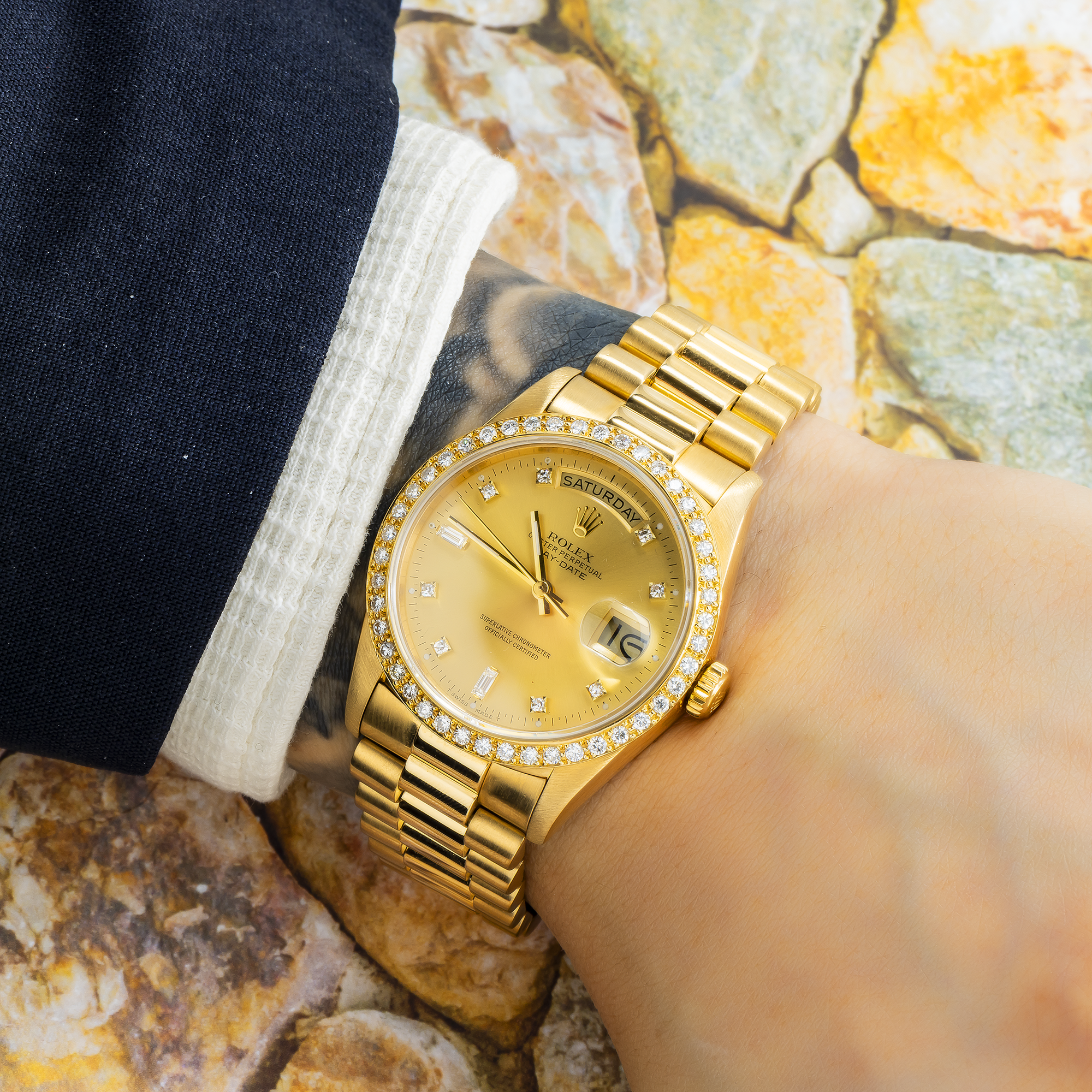 Rolex Day-Date 36MM 18238 Champagne Diamond Dial Diamond Bezel 18K Yellow Gold President Bracelet
