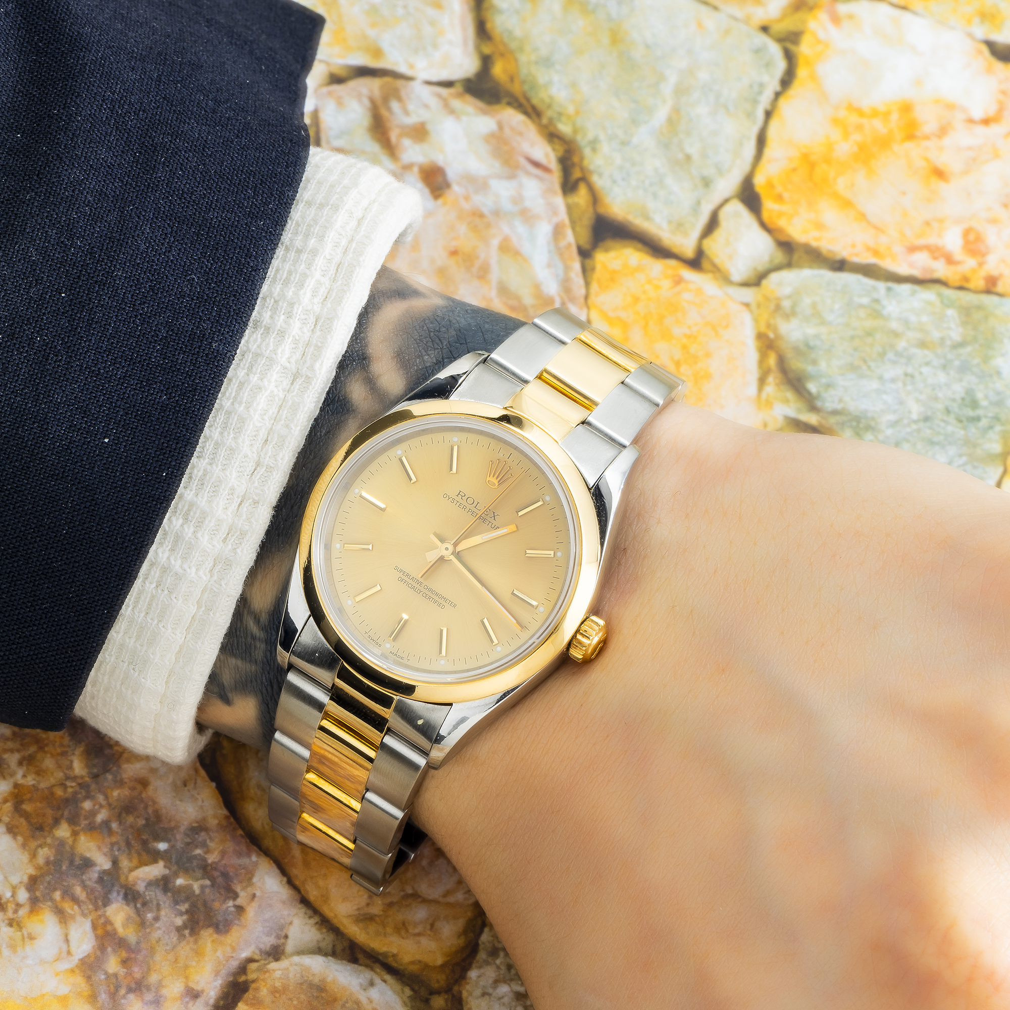 Rolex Oyster Perpetual 34MM 14203 Champagne Dial Smooth Bezel Two Tone Yellow Gold Oyster Bracelet