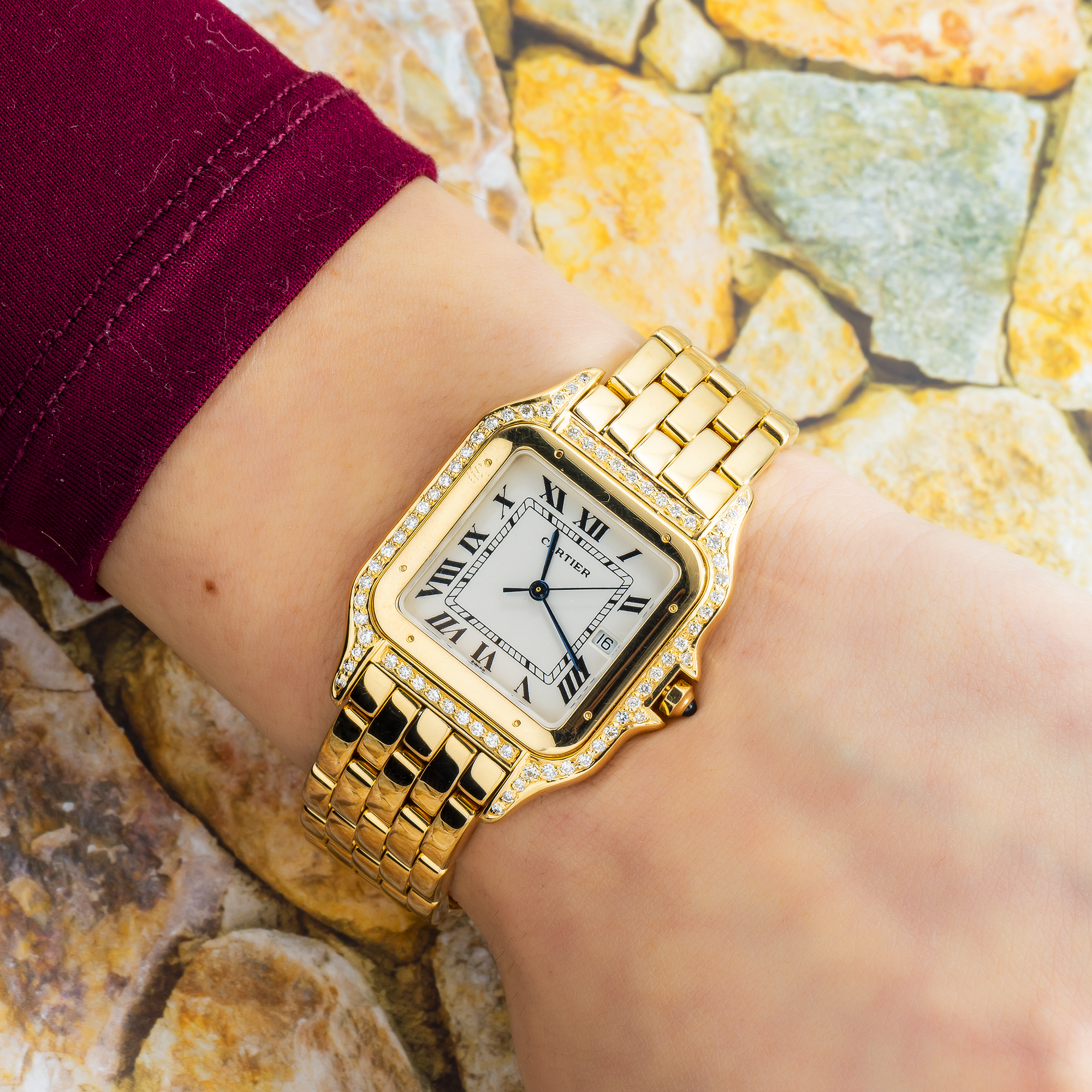 Cartier Panthère 27MM W25014B9 Silver Roman Dial Yellow Gold Bezel 18K Yellow Gold Bracelet