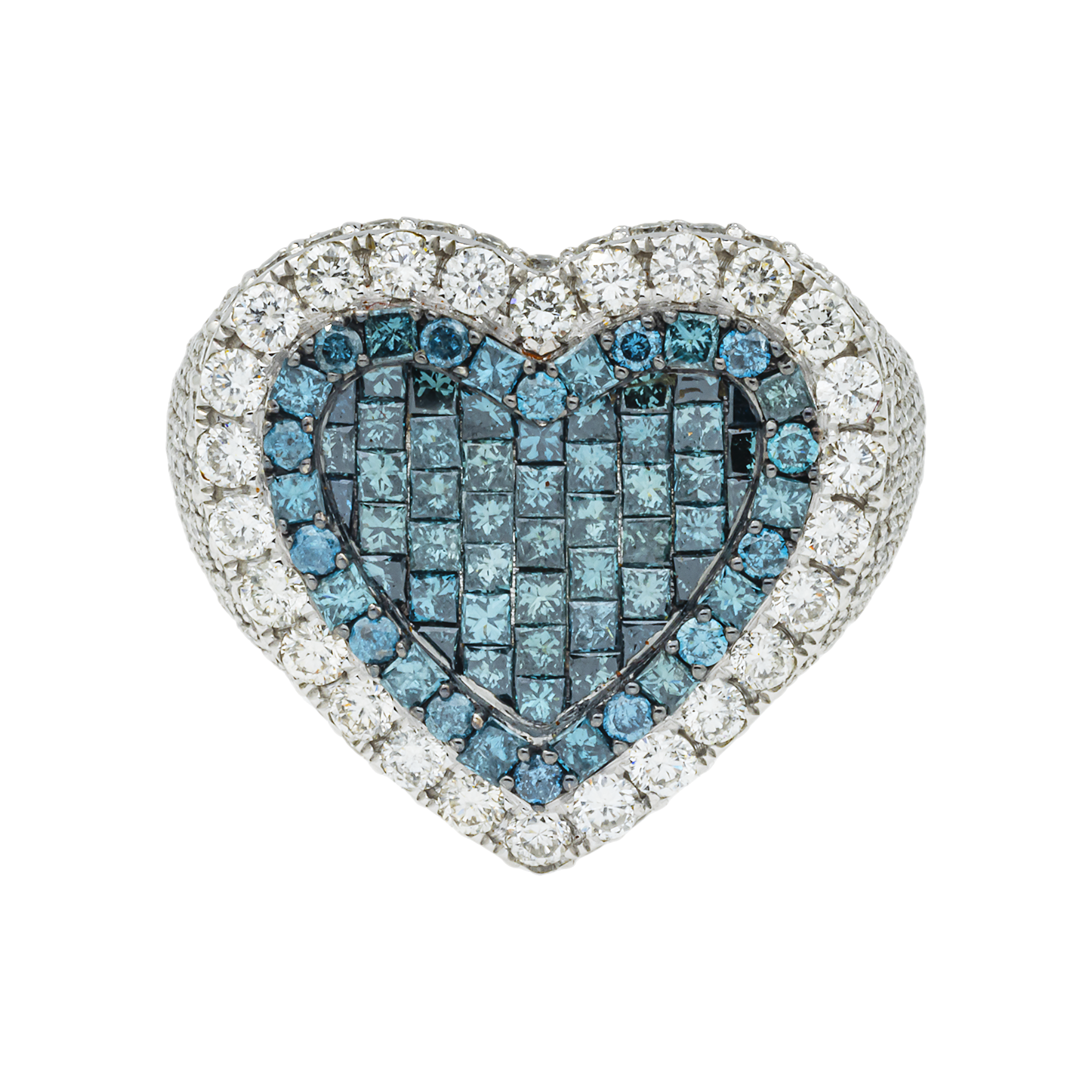 14K GOLD BLUE AND WHITE DIAMOND HEART RING 3.85 CT