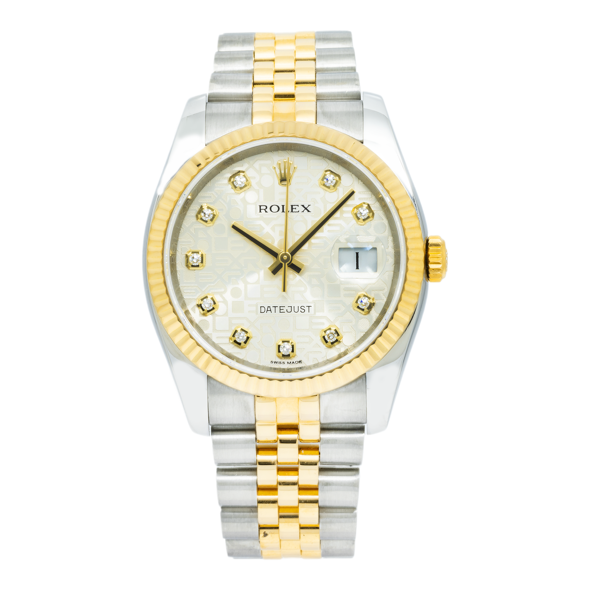 Rolex Datejust 36MM 116233 Silver Pattern Diamond Dial Yellow Gold Fluted Bezel Two Tone Jubilee Bracelet