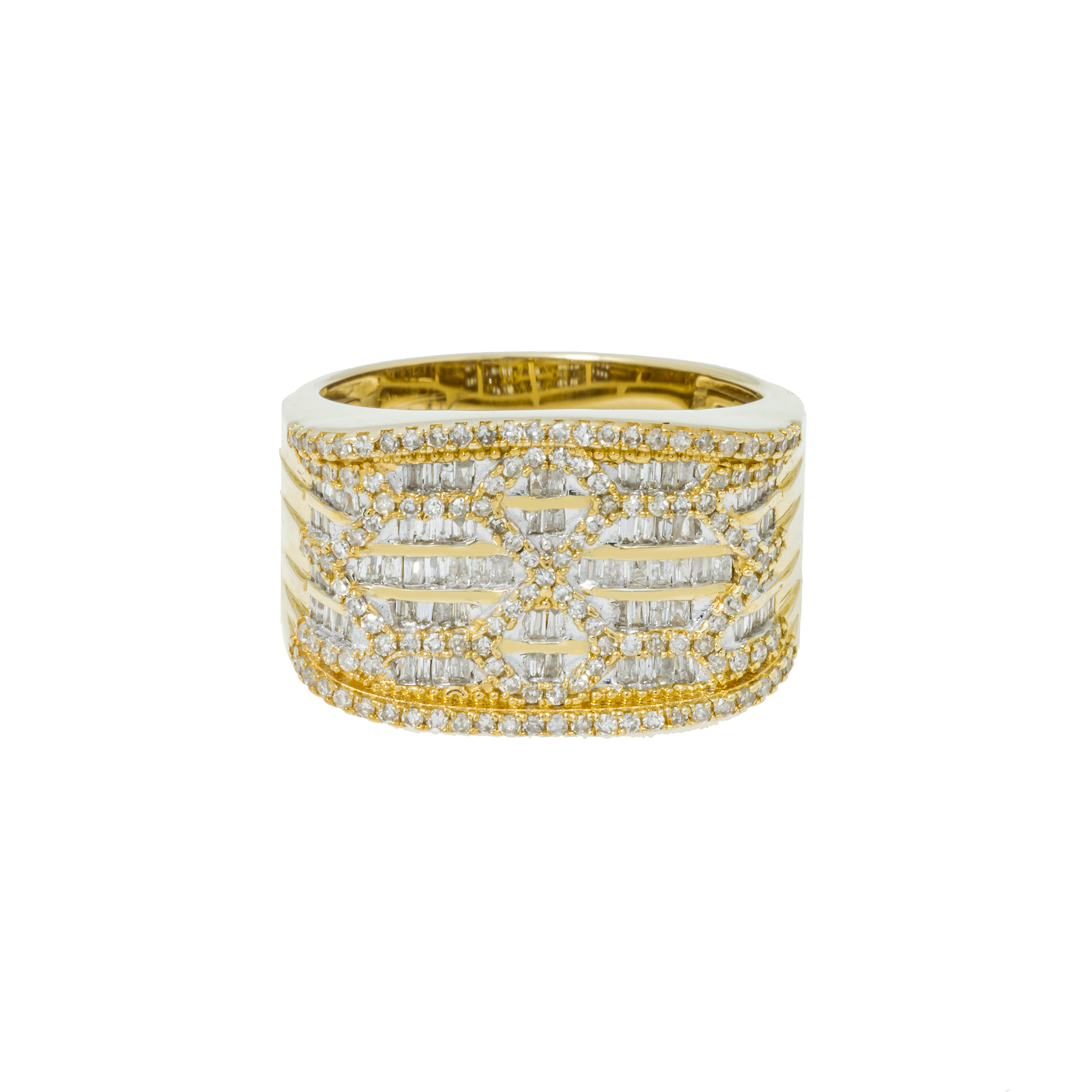 14K GOLD ROUND AND BAGUETTE DIAMOND STATEMENT BAND RING 1.08 CT