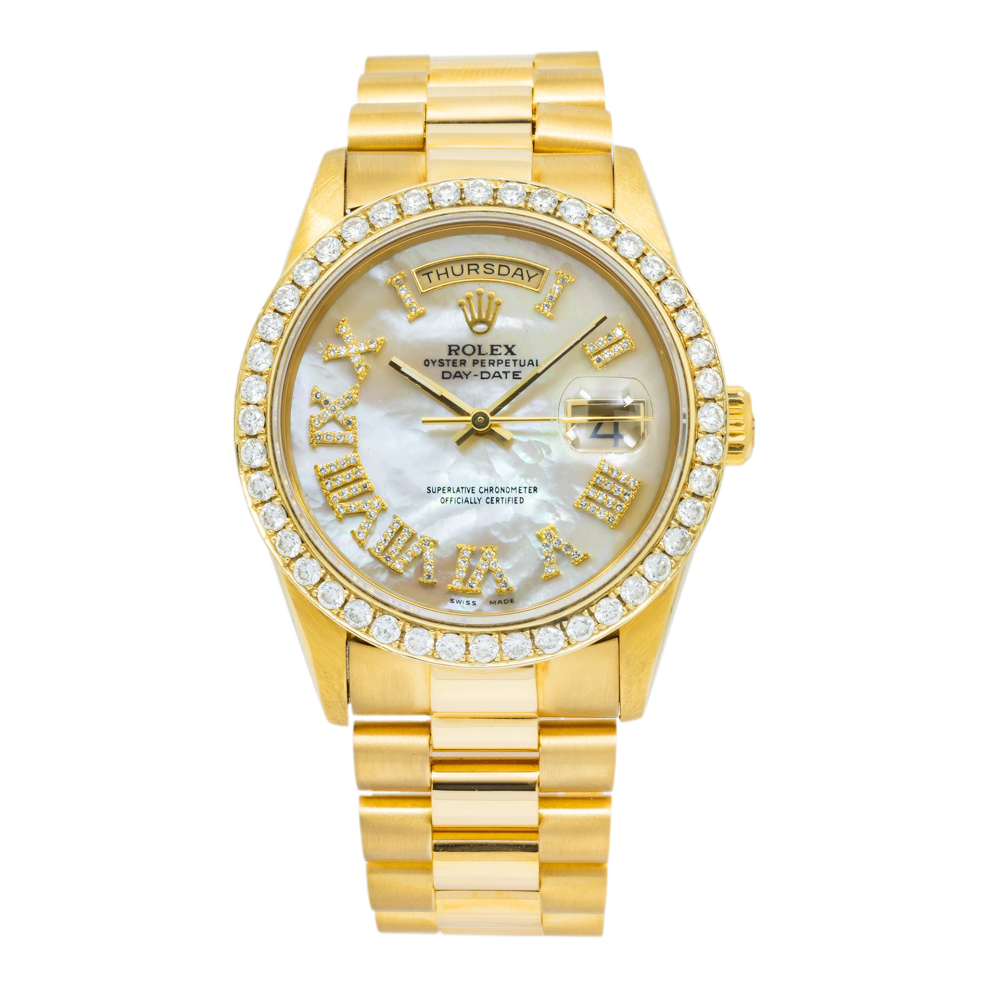 Rolex Day-Date 36MM 18238 Mother of Pearl Roman Dial Diamond Bezel 18K Yellow Gold President Bracelet
