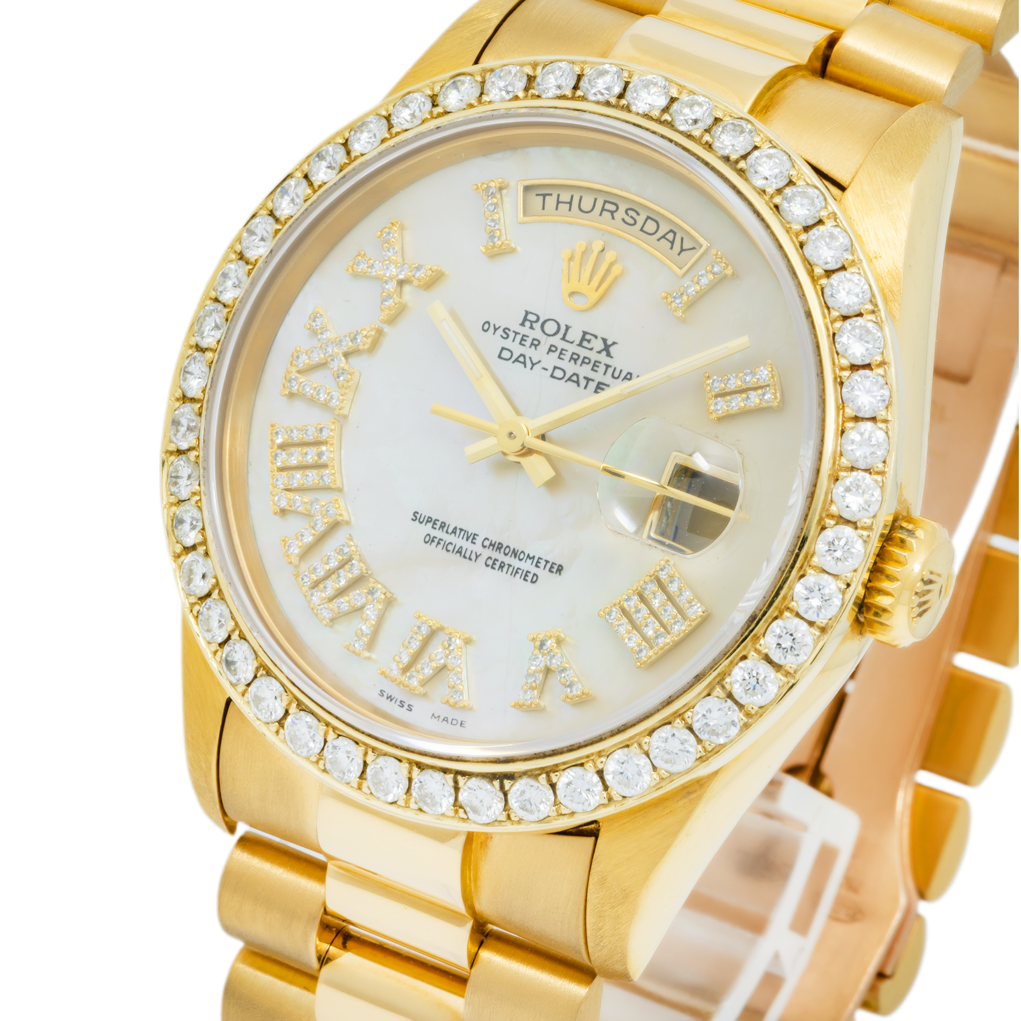 Rolex Day-Date 36MM 18238 Mother of Pearl Roman Diamond Dial Diamond Bezel 18K Yellow Gold President Bracelet