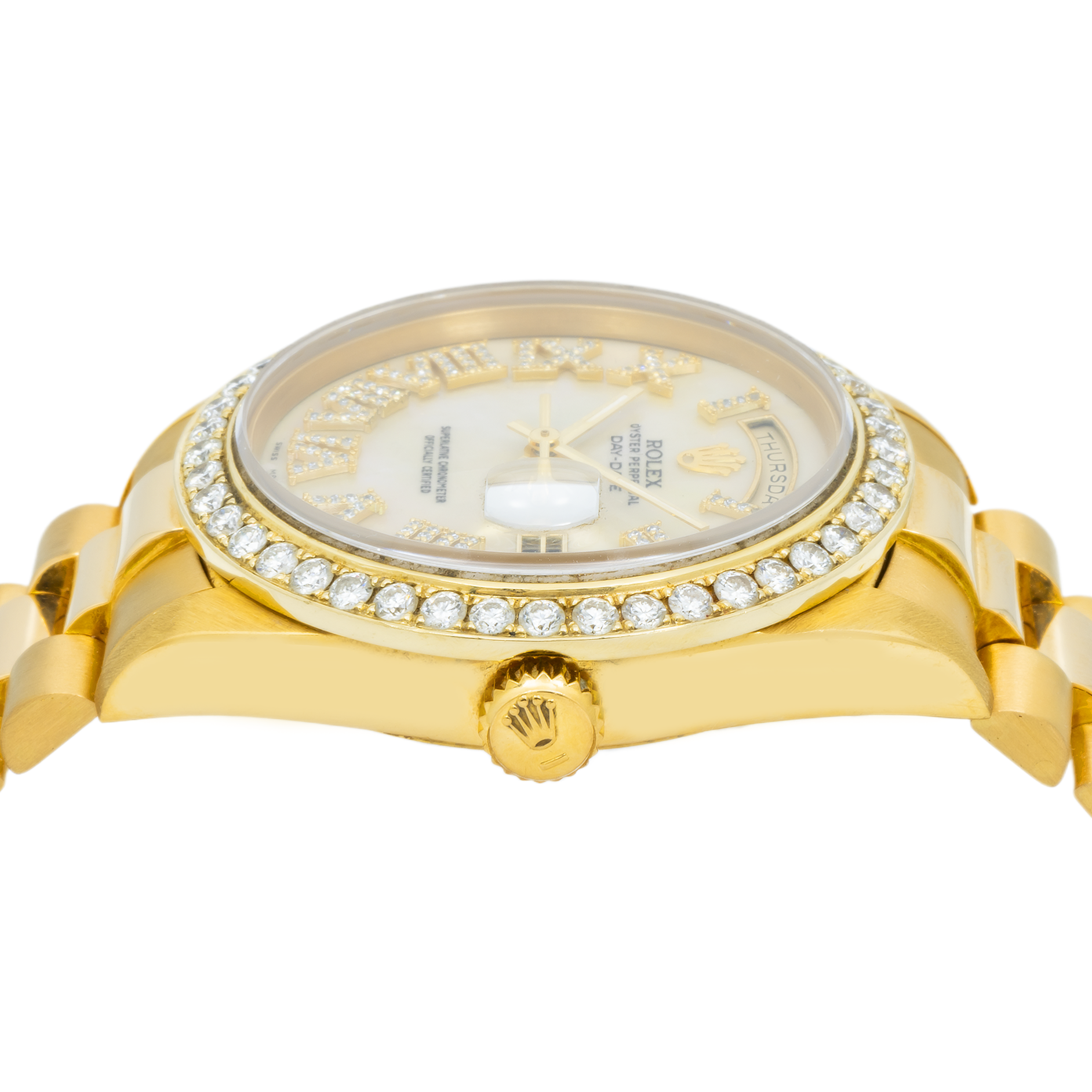 Rolex Day-Date 36MM 18238 Mother of Pearl Roman Diamond Dial Diamond Bezel 18K Yellow Gold President Bracelet