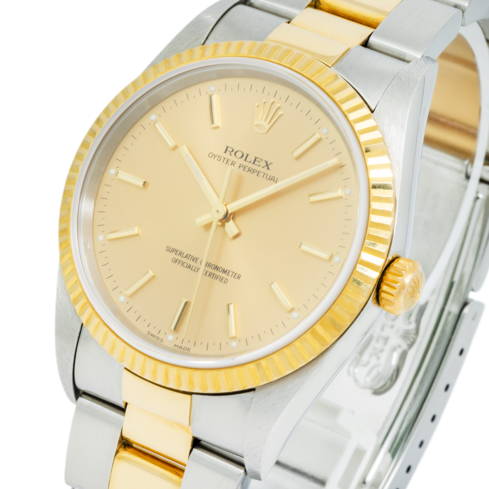 Rolex Oyster Perpetual 34MM 14233 Champagne Dial Fluted Bezel Two Tone Yellow Gold Oyster Bracelet